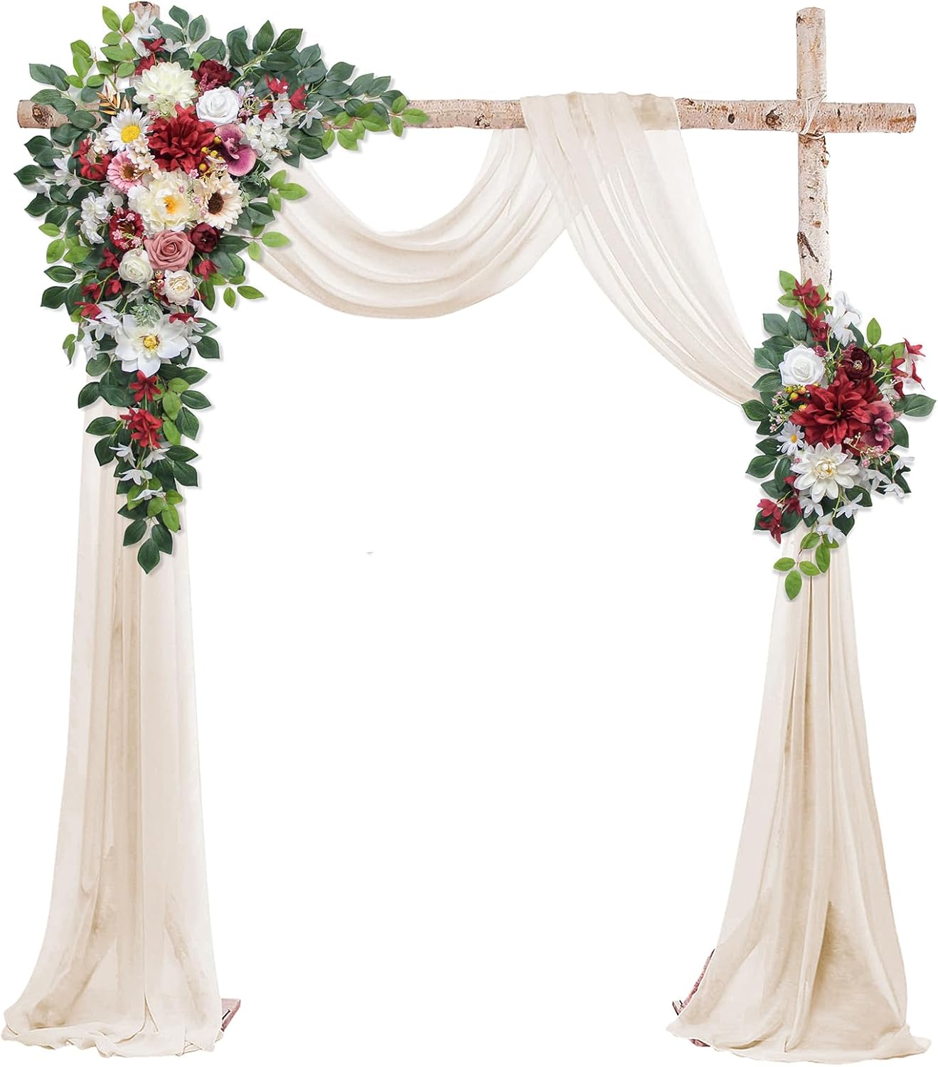 Wedding Arch Flowers Kit,Artificial Flower Arch Decor (Set of 3),2pcs Artificial Flower Arrangement with 1pc Sheer Drape for Wedding Decor Reception Backdrop Floral Decorations (Wine Red)