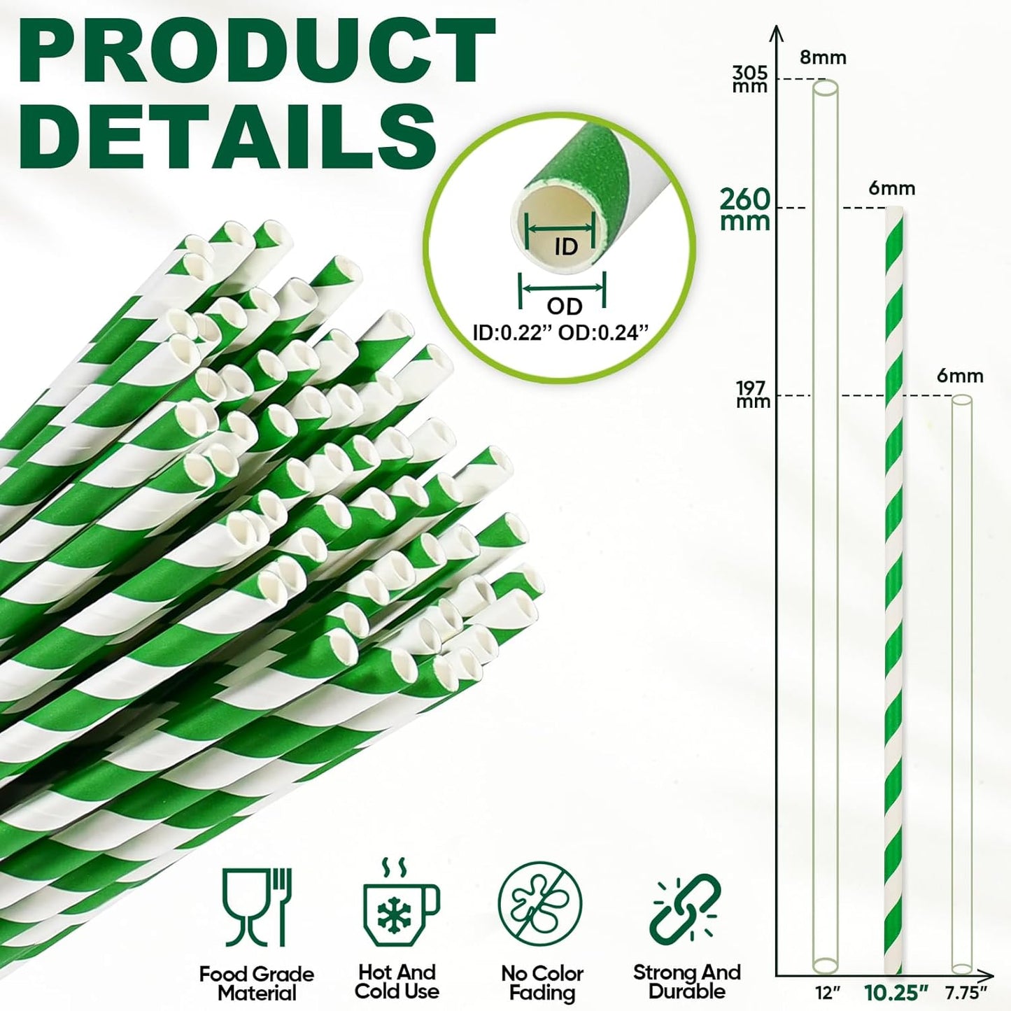 Eco-friendly 10.25 Inch Long Disposable Paper Drinking Straws 6mm Wide [100 Pack] - Green/White Striped