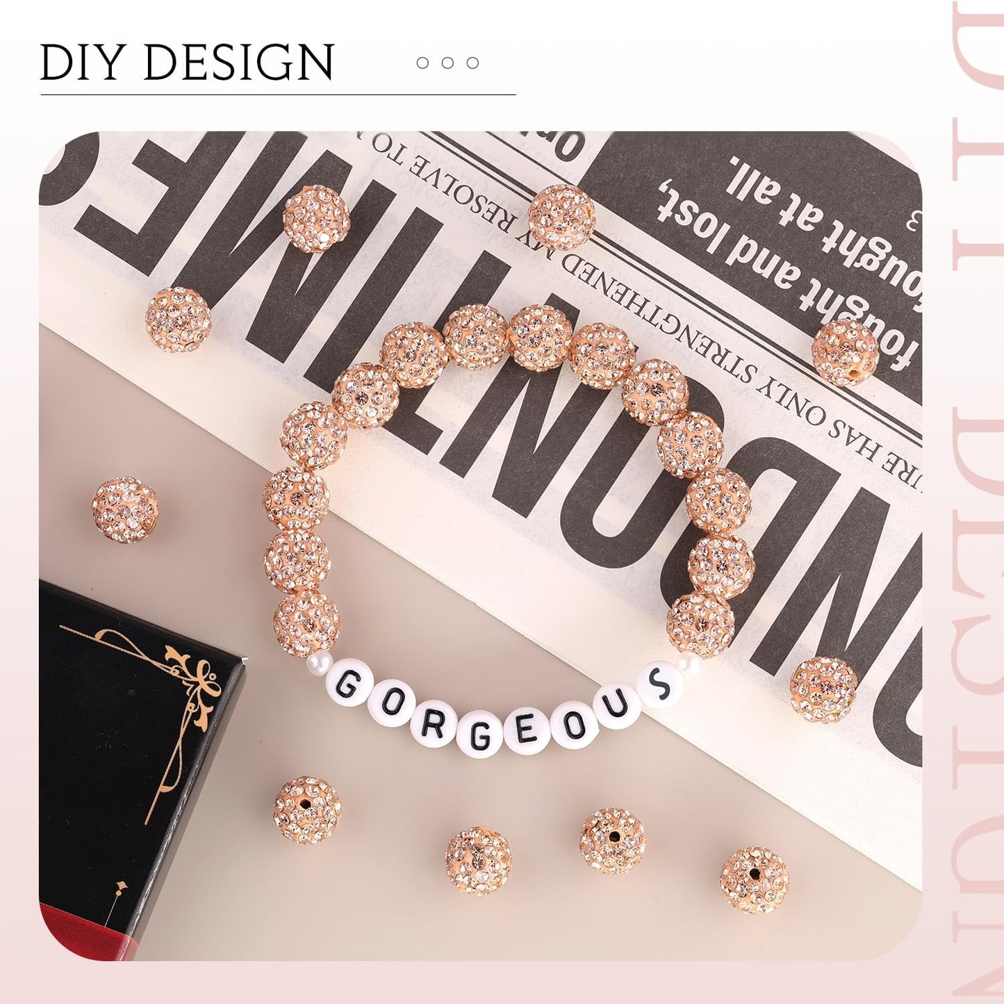 100 pcs 10mm Rhinestone Beads for Jewelry Making, Light Peach Shiny Round Shamballa Disco Beads Bulk, Sparkle Crystal Clay Christmas for Bracelet Baseball Necklace Earring Crafting and DIY