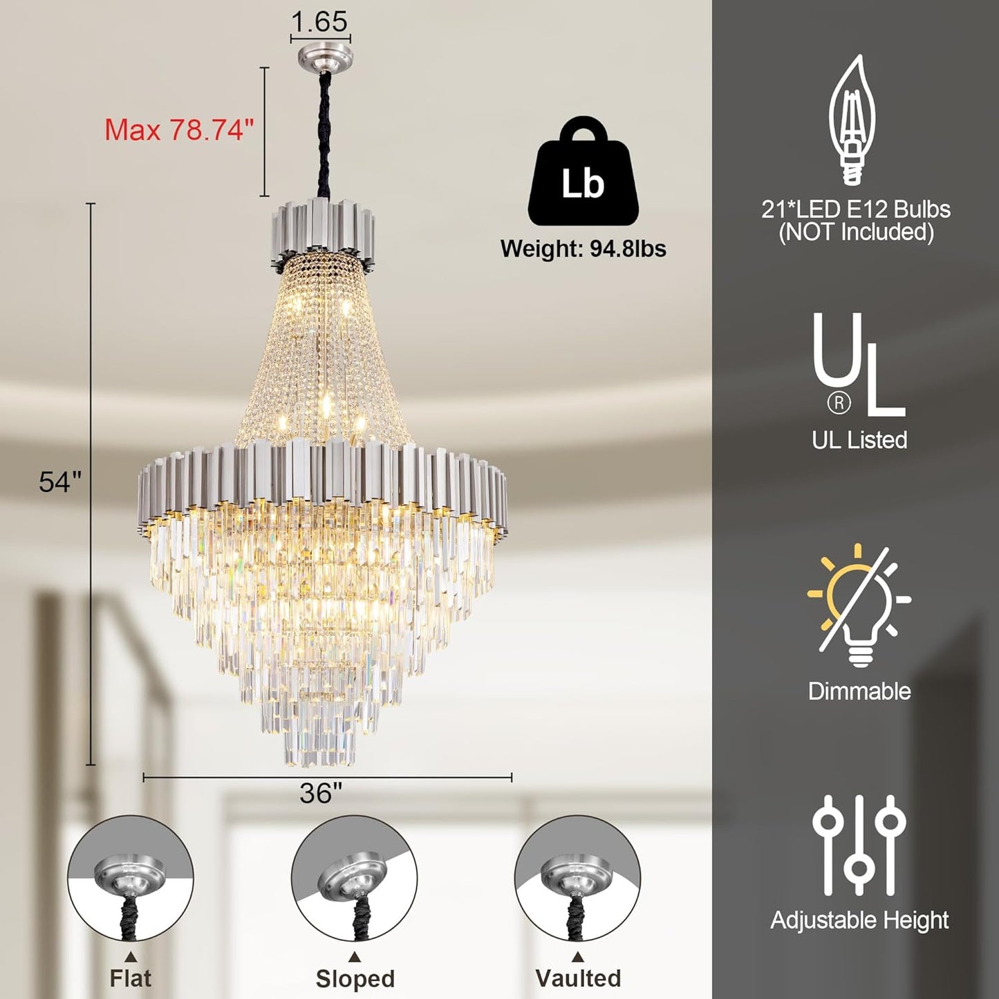 54" Luxury Long Crystal Chandelier for High Ceilings, 21-Light Modern Silver Large Chandeliers for Staircase, Foyer, Entryway, Living Room, Hallway, Contemporary K9 Crystal Tiered Chandelier