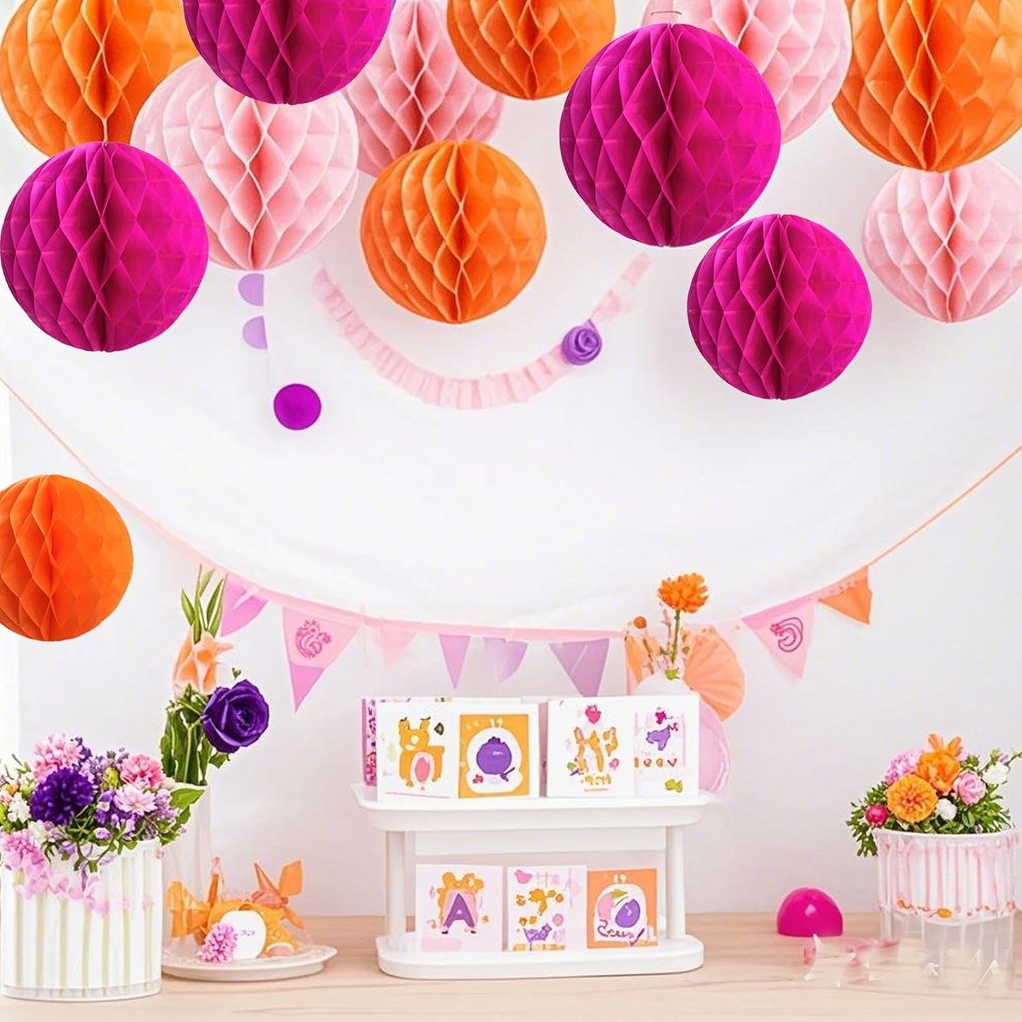 Hot Pink Orange Paper Honeycomb Balls,12 Pack Hanging Tissue Pom Poms for Birthdays,Weddings,Home Party Decoration(Hot Pink,Pink,Orange)