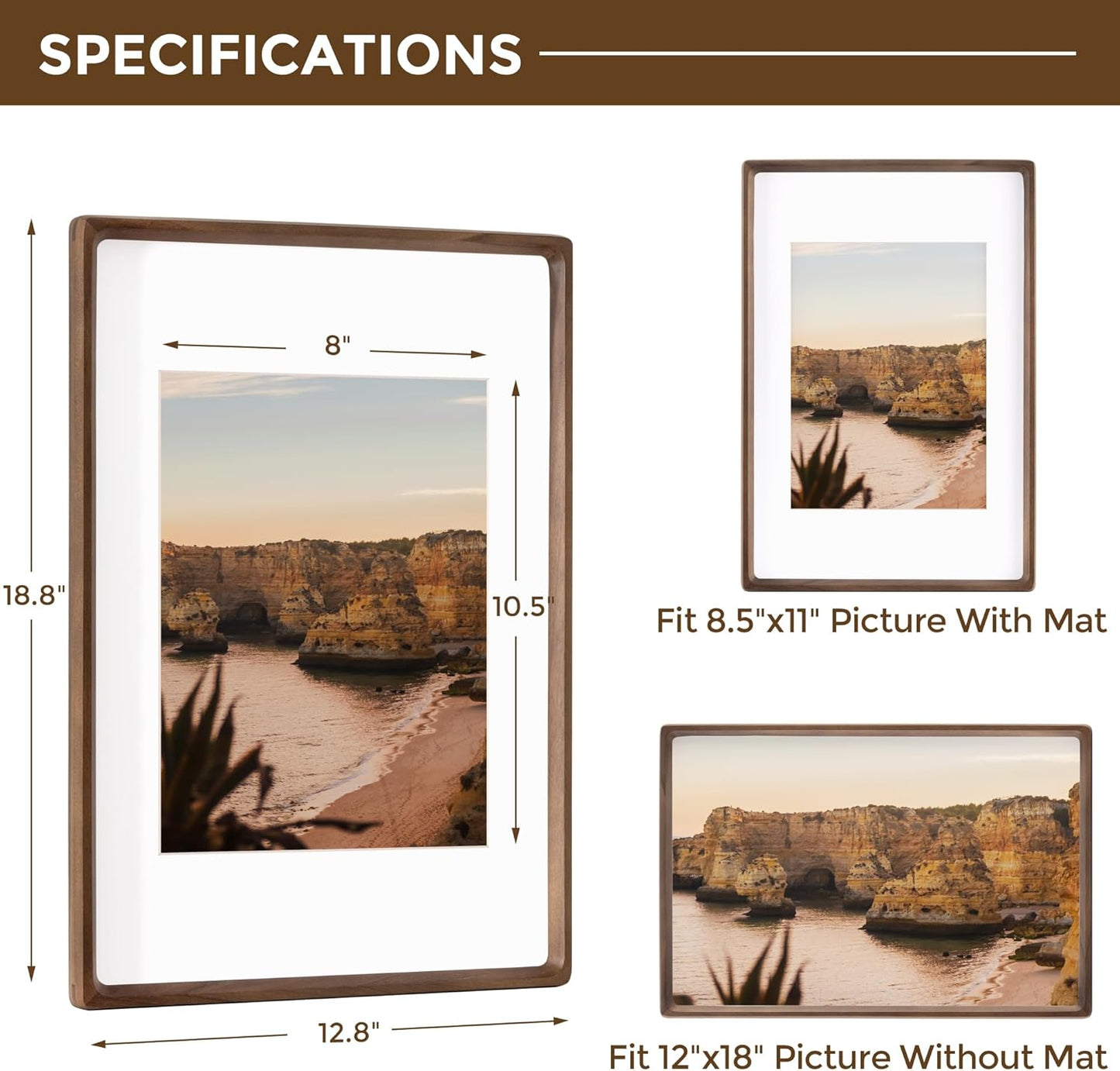 12x18 Frame USA-Sourced Natural Walnut Wood Solid Wood Photo Frame Handcrafted Rounded Corner with Mat to 8x12 Picture Display with Real Glass Family Picture, Wedding Photo, Certificate