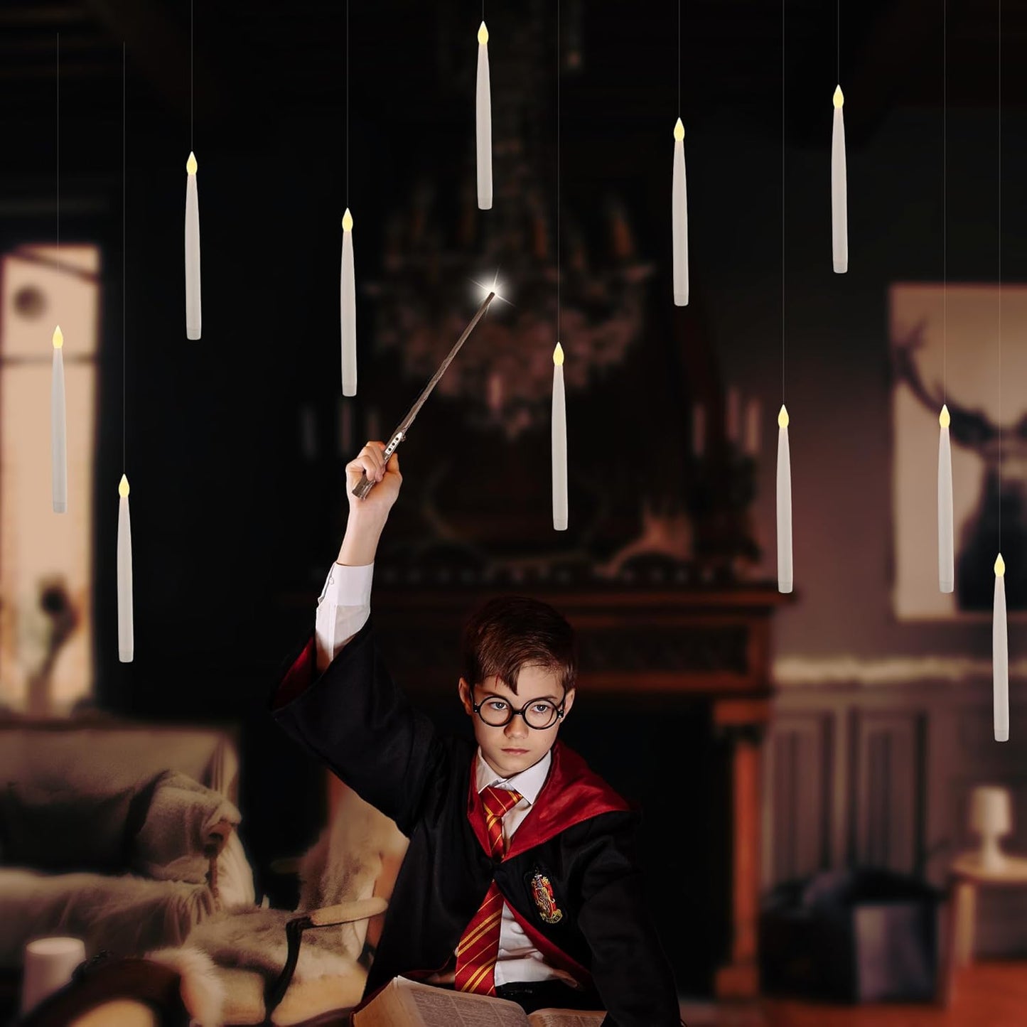 Floating Candles with Wand, 20 Pack Halloween Battery Operated LED Hanging Candles Electric Floating Candle for Halloween Party Decor Christmas 10.8in