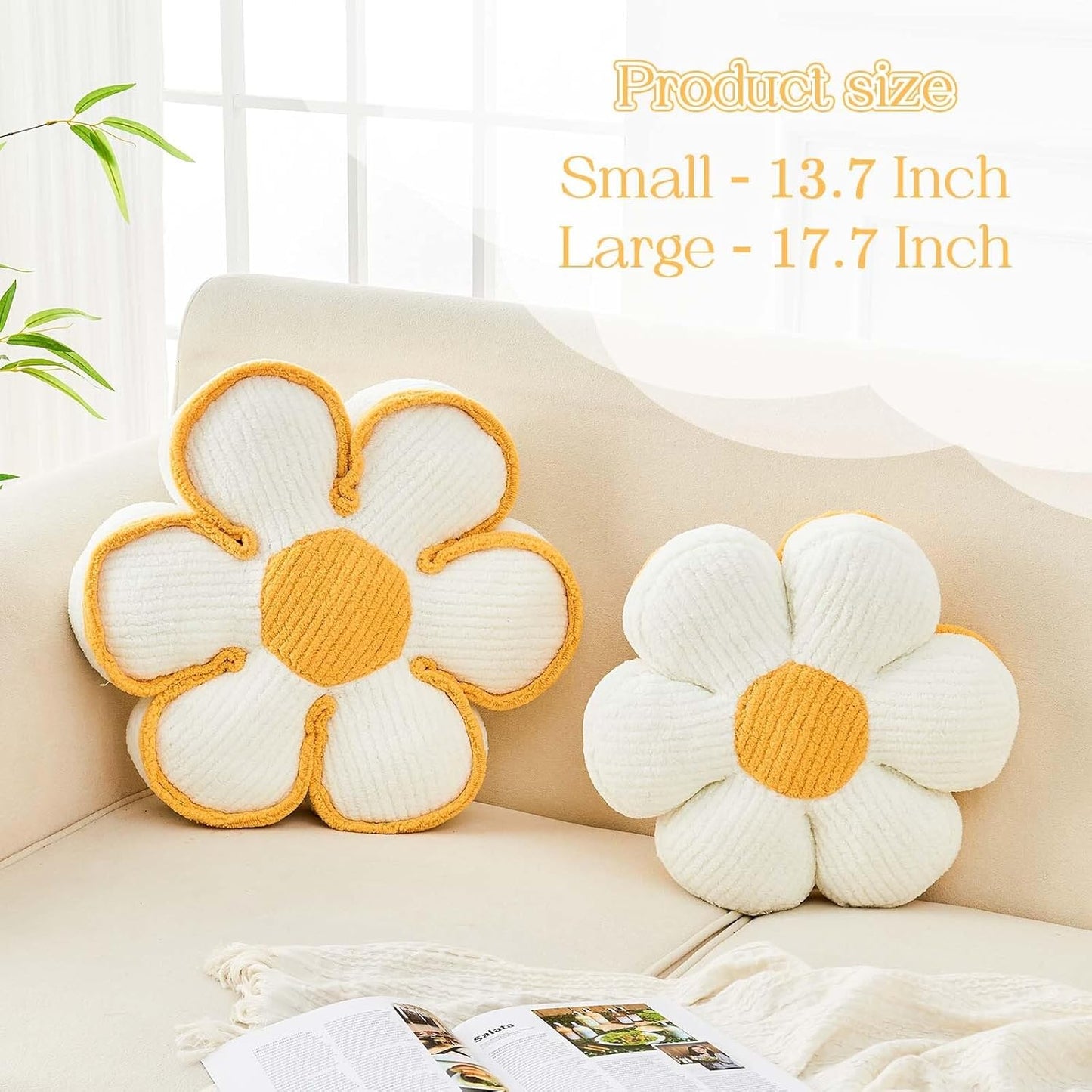 Flower Pillow, Soft Flower Decorative Throw Pillow, Cute Daisy Flower Shaped Seating Floor Cushion Room Décor Plush Pillows for Sofa Couch Bed (17.7 Inch, Yellow)
