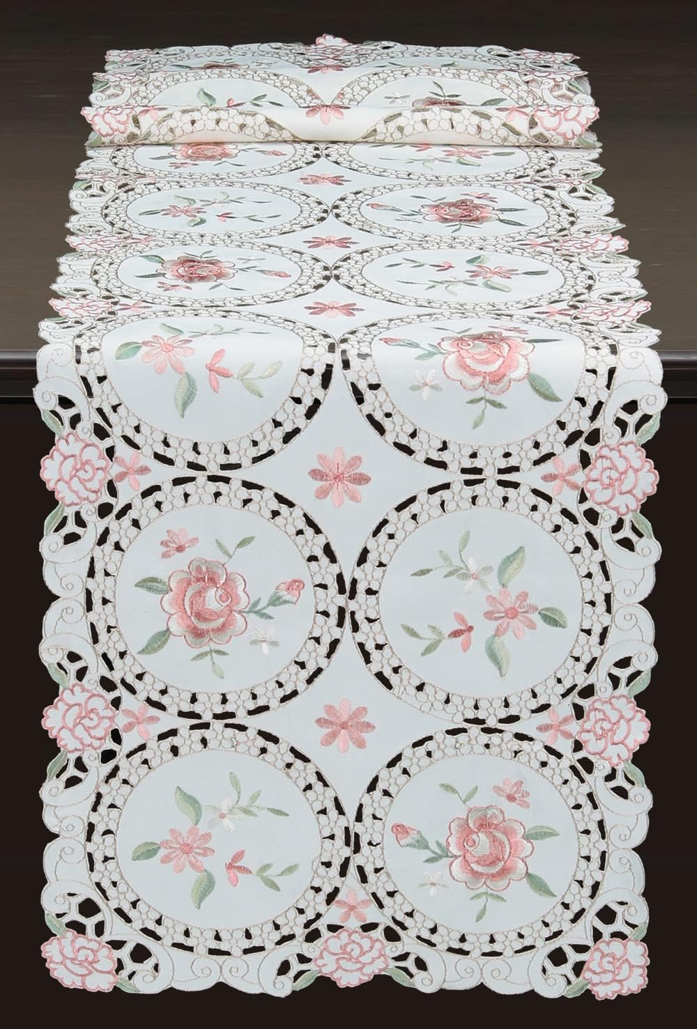 Creative Linens Embroidered Pink Rose Daisy Floral Table Runner Dresser Scarf 15x67 Ivory Spring