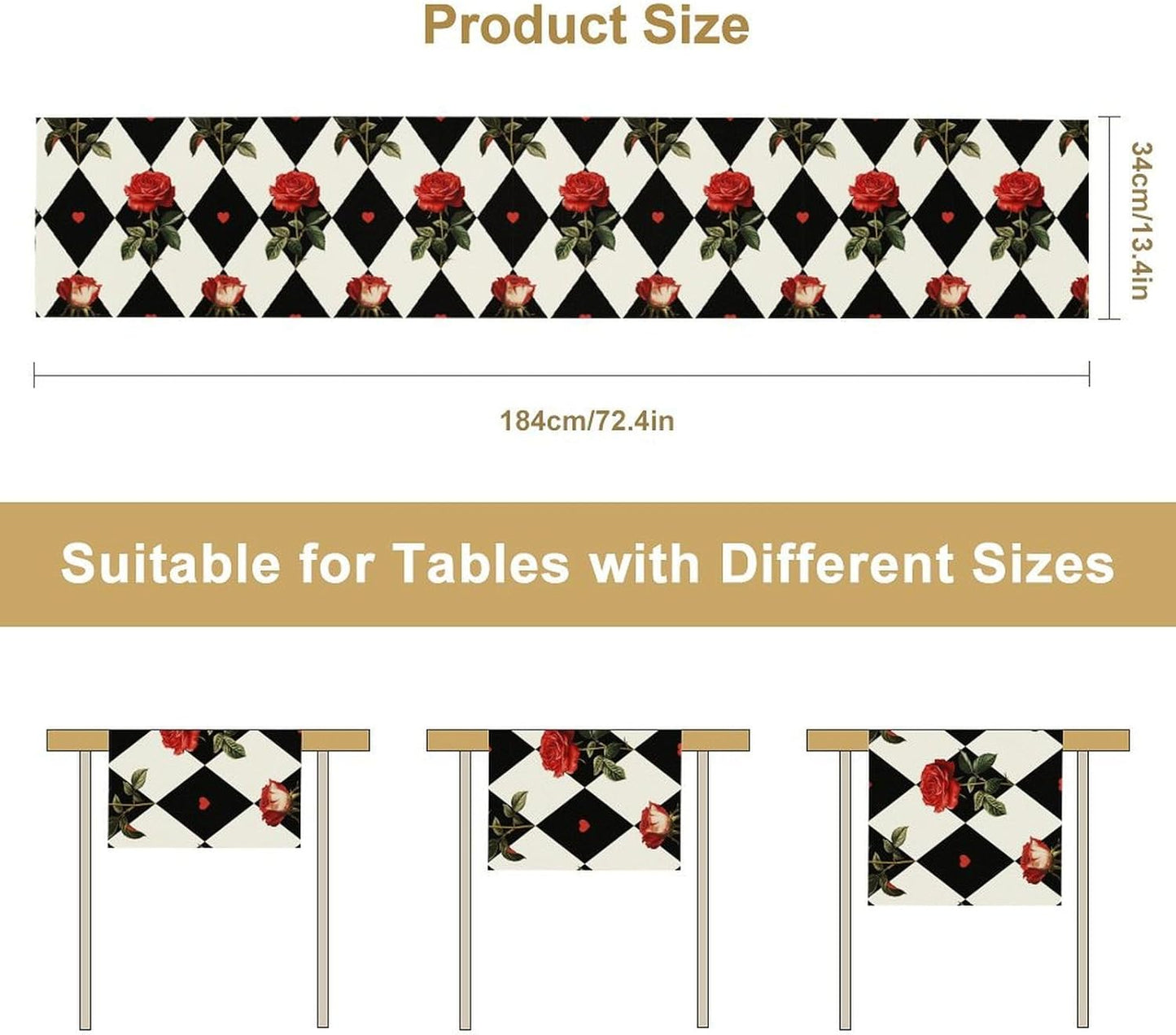 Vintage Rose Table Runner, Red Rose Hearts Black White Checkered Background Table Runner for Kitchen Dinning Table Runner Decor Home Wedding Party Holiday, 13x60 Inch
