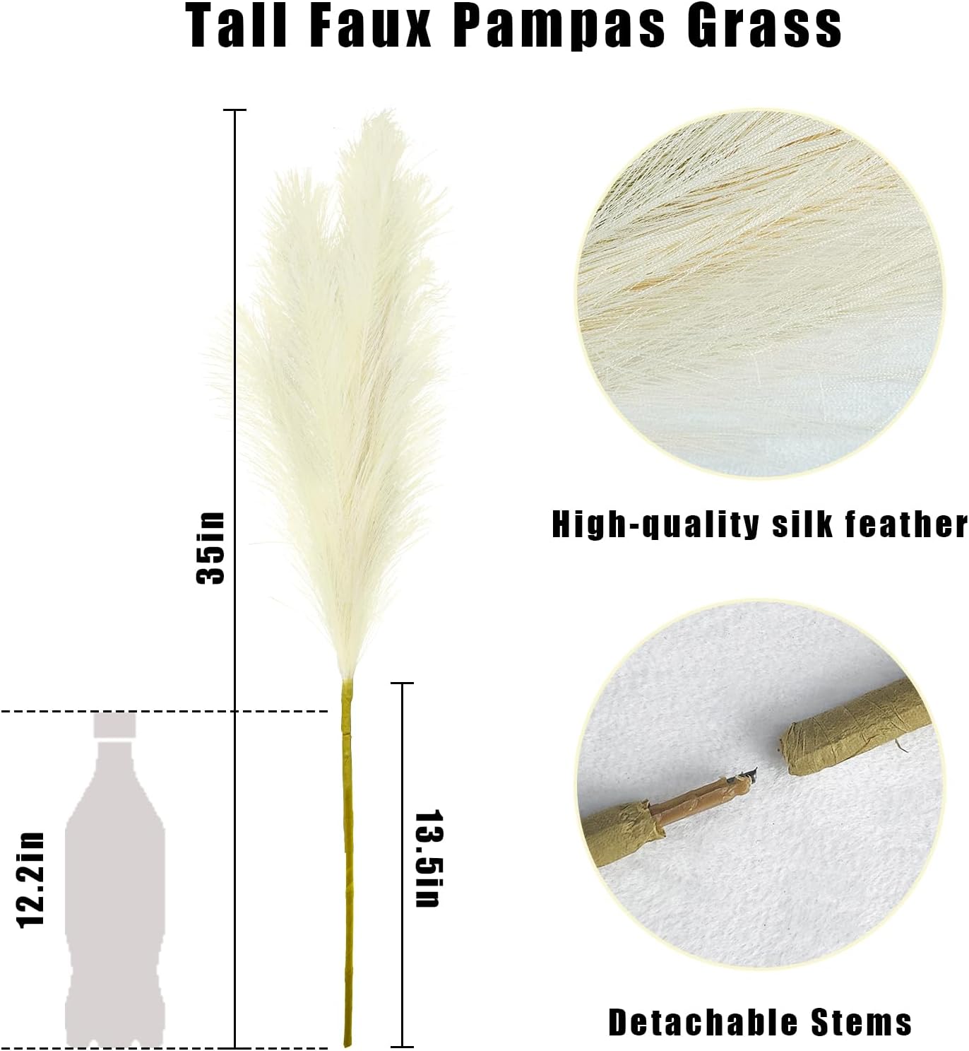 35" Faux Pampas Grass Decor, 8pcs Large Tall Fluffy Artificial Pompous Grass Branches Floral Fake Pompas Grass Bulrush Floor Vase Filler Flower Arrangement for Home Wedding Boho Decor Beige
