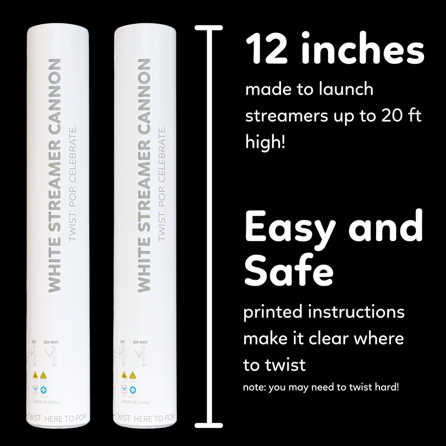 2 Pack Steamer Cannon Confetti Poppers | Biodegradable White Streamers | TUR Party Supplies | Launches Up to 25ft | Giant (12 in) | Party Poppers for Graduation, Birthdays, Weddings, and Memorial Day