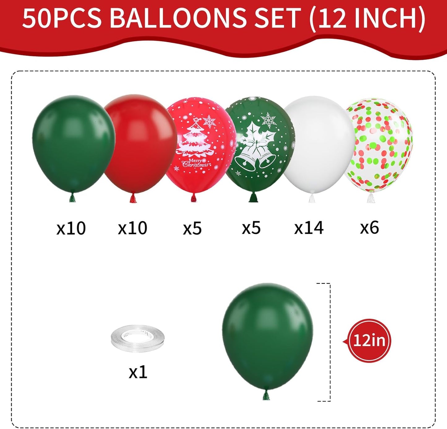 Christmas Balloons, 12 Inch Green Red White Xmax Balloons with Deer Christmas Tree Printed Balloons Red Green Confetti Balloons for Christmas Party Baby Shower Birthday Decorations Supplies