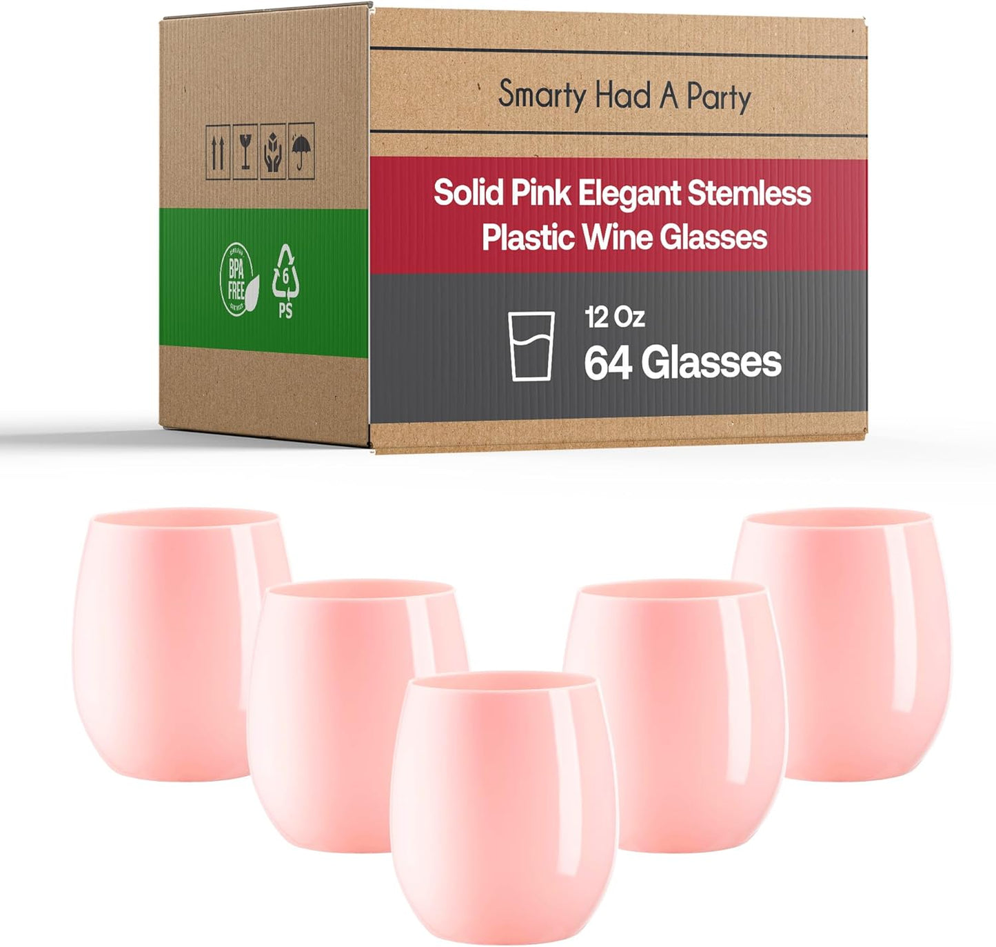 Smarty Had A Party 12 oz Wine Glasses – 64 Pink Stemless Plastic Wine Glasses, Unbreakable Disposable Drinkware for Weddings & Events