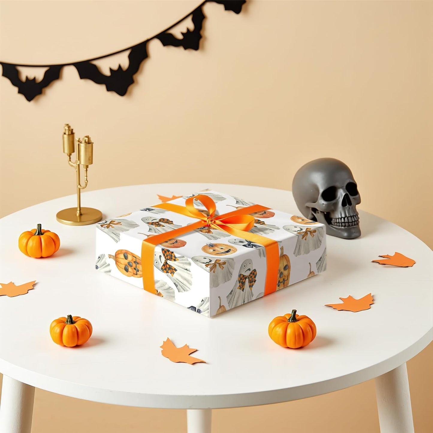 LeZakaa Halloween Wrapping Paper Roll for Kids, Watercolor Ghosts Pumpkins with Bows Spooky Soft Vintage Design, for Trick-or-Treat Decor,Aesthetic Holiday Packaging, Mini Roll 17 in x 16.4 Ft