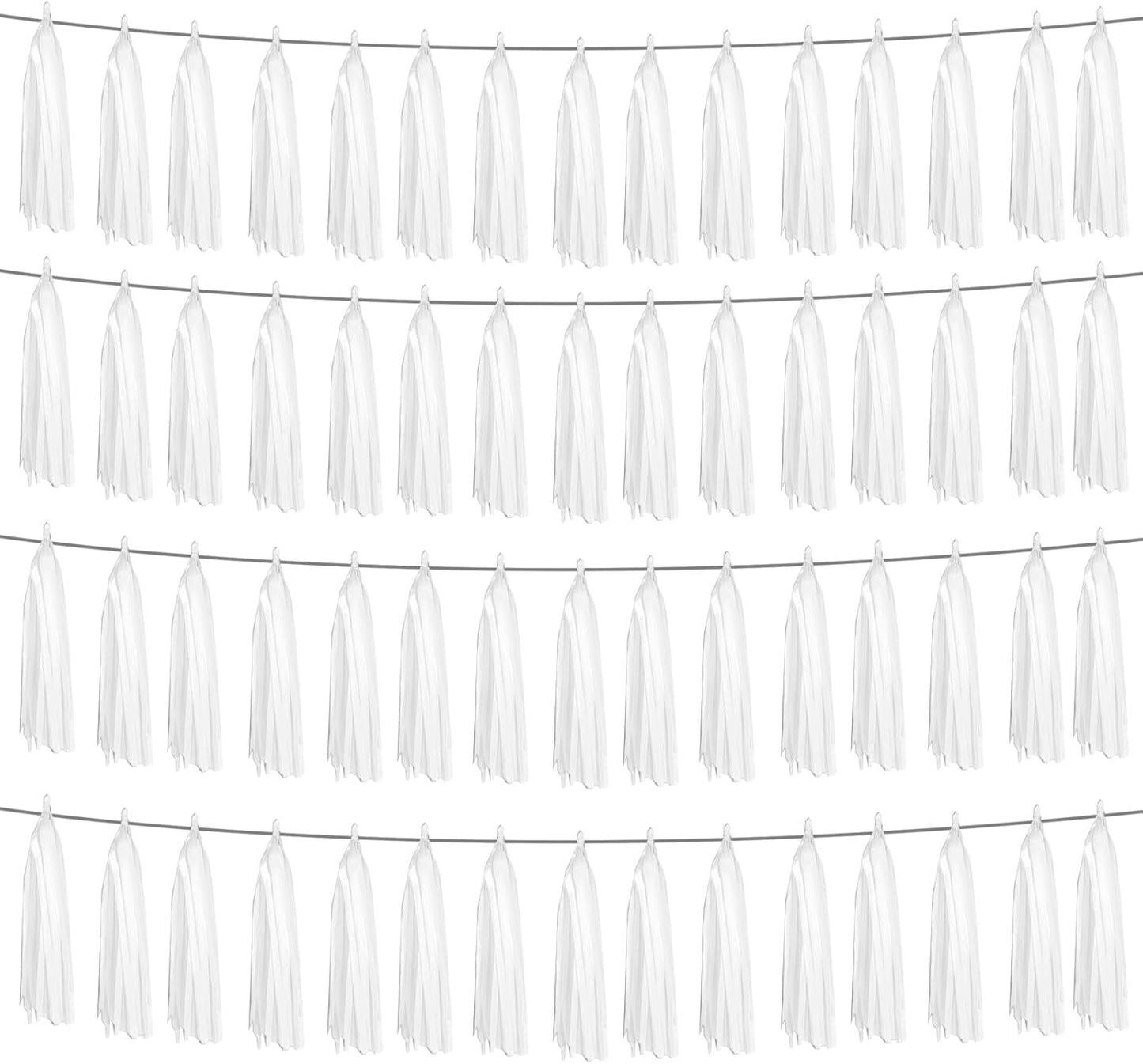 4P White Foil Fringe Metallic Tassel Streamers Banner Tassel Garland for Parade Floats, Graduation, Wedding, Birthday, Halloween, Christmas, Bridal/Baby Shower Party Decorations