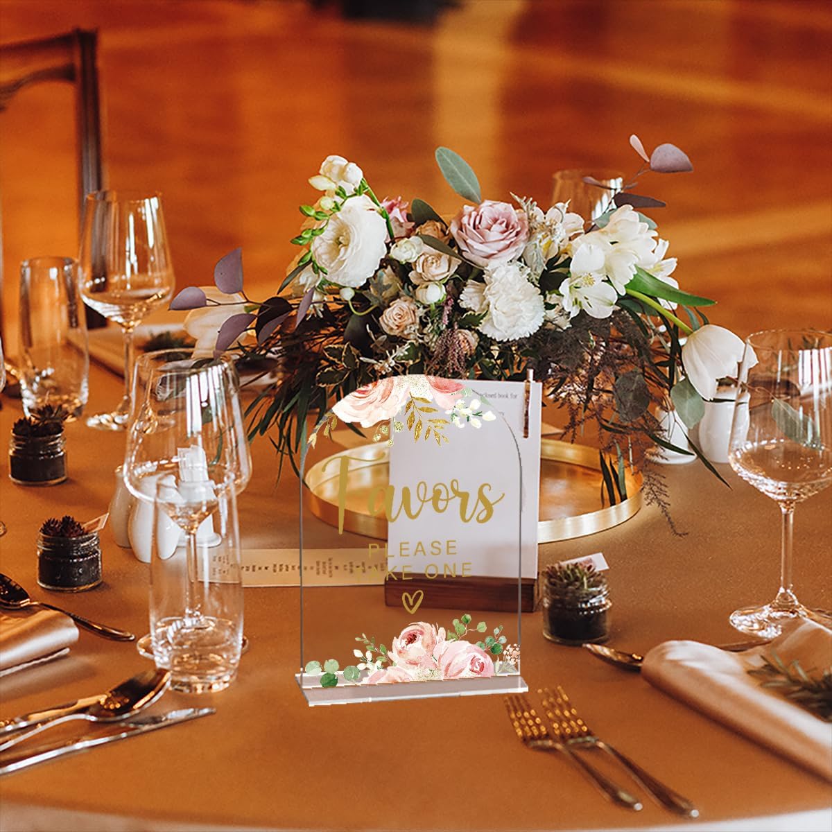 Acrylic Wedding Signs, Bridal Shower Decorations, Modern Calligraphy Arch Acrylic Table Top Sign for Wedding Reception and Engagement Parties - Favors Please Take One (Clear Pink Flowers)