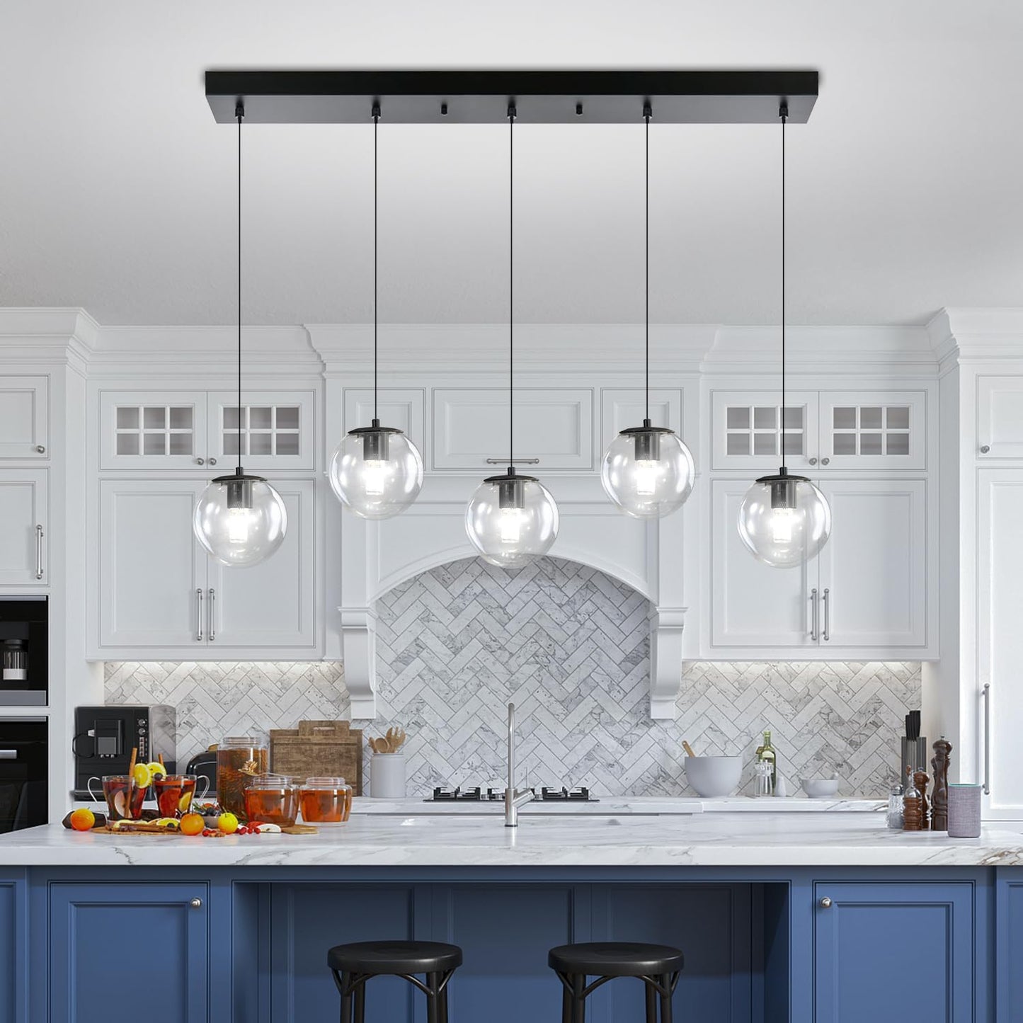 5-Lights Modern Rectangle Chandelier Globe Pendant Light,Black Linear Globe Chandeliers for Dining Room and Kitchen Island