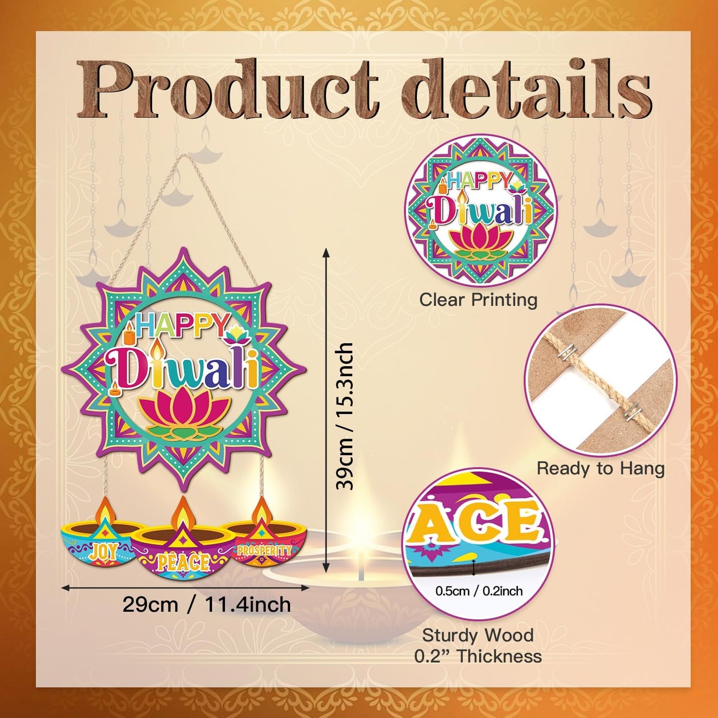 CHDITB Happy Diwali Front Door Sign Wreath(15"x11"), Wooden Lotus Rangoli Diyas Indian Festival of Lights Decoration Wall Hanging, Colorful Deepavali Themed Hanger Decor for Porch Home Office Party