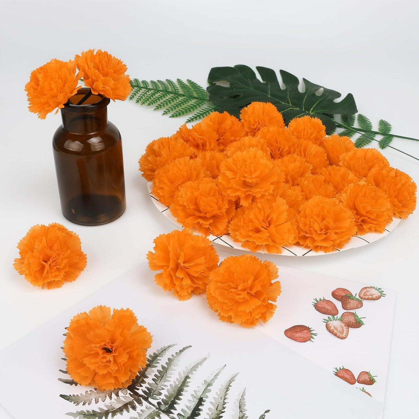 80 Pcs Artificial Marigold Flowers,2" Silk Marigold Flower Heads with Stems,Orange Flowers Artificial for Diwali Decor,Indian Wedding,Home,DIY Wreath Garland,Day of The Dead Decorations