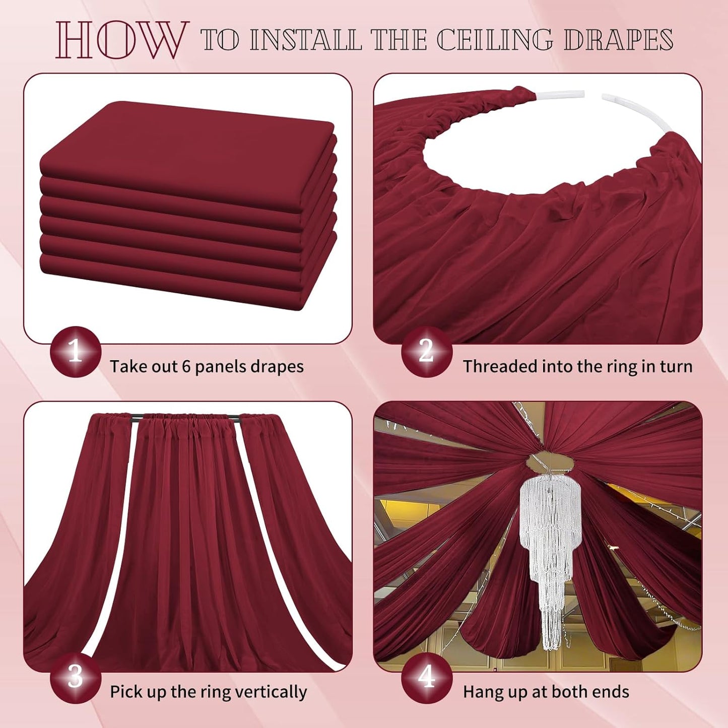 6 Panels Burgundy Ceiling Drapes for Wedding 5ftx20ft Chiffon Fabric Arch Draping Curtains Sheer Drapery for Party Ceremony Birthday Baby Shower Reception Stage Swag Ceiling Decorations