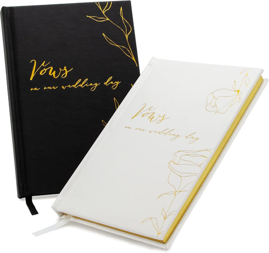 MUUJEE Vows On Our Wedding Day Vow Books (Set of 2) - Black and White Gold Foil Embossed Notebook Journal for Wedding Ceremony Vow Renewal - Wedding Gift Ideas