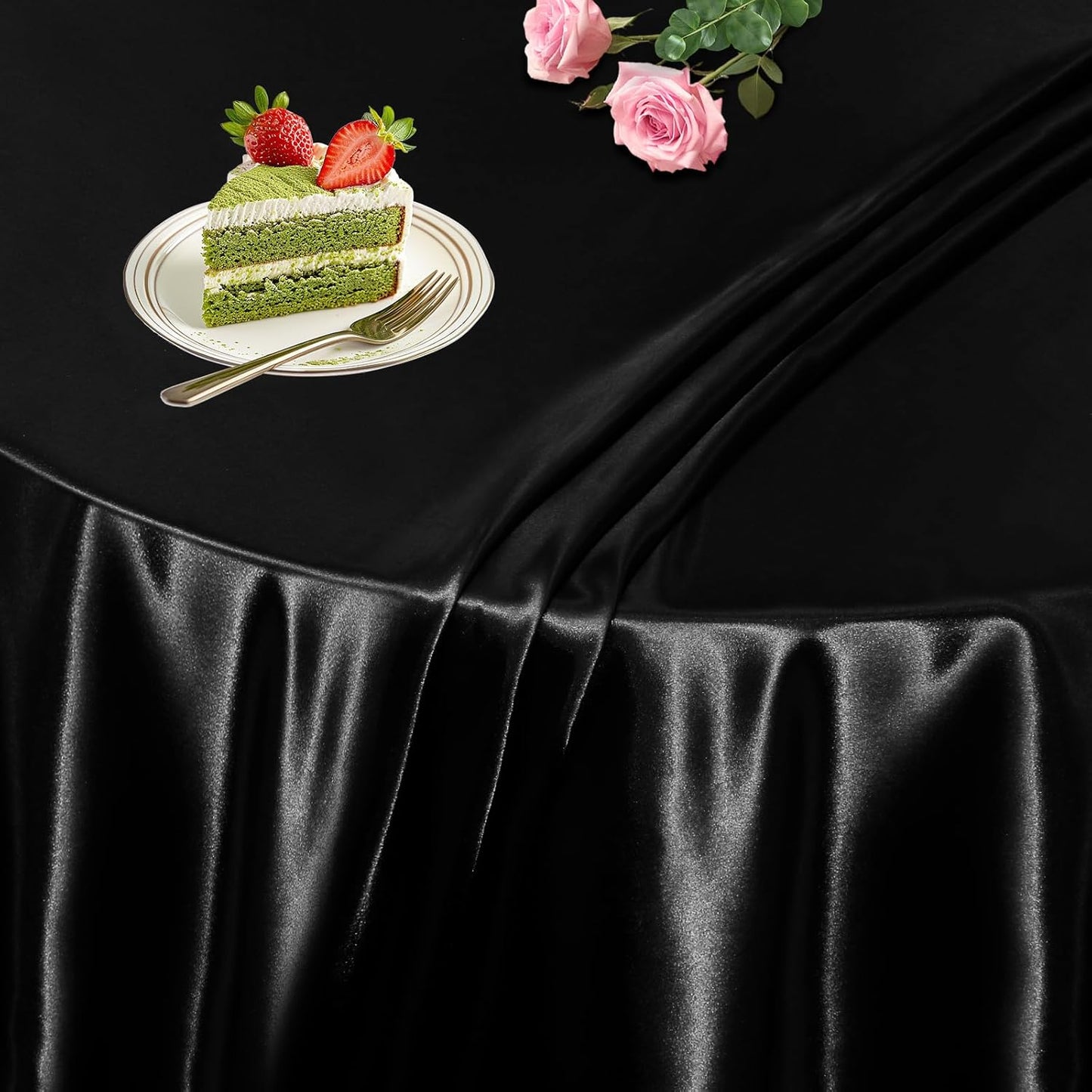 KKJIAF 1 Pack 60 Inch / 5ft Round Table Cloth, Black Overlay Round Satin Table Cover, Silky Satin Dining Tablecloths for Wedding Buffet Parties Banquet Decoration