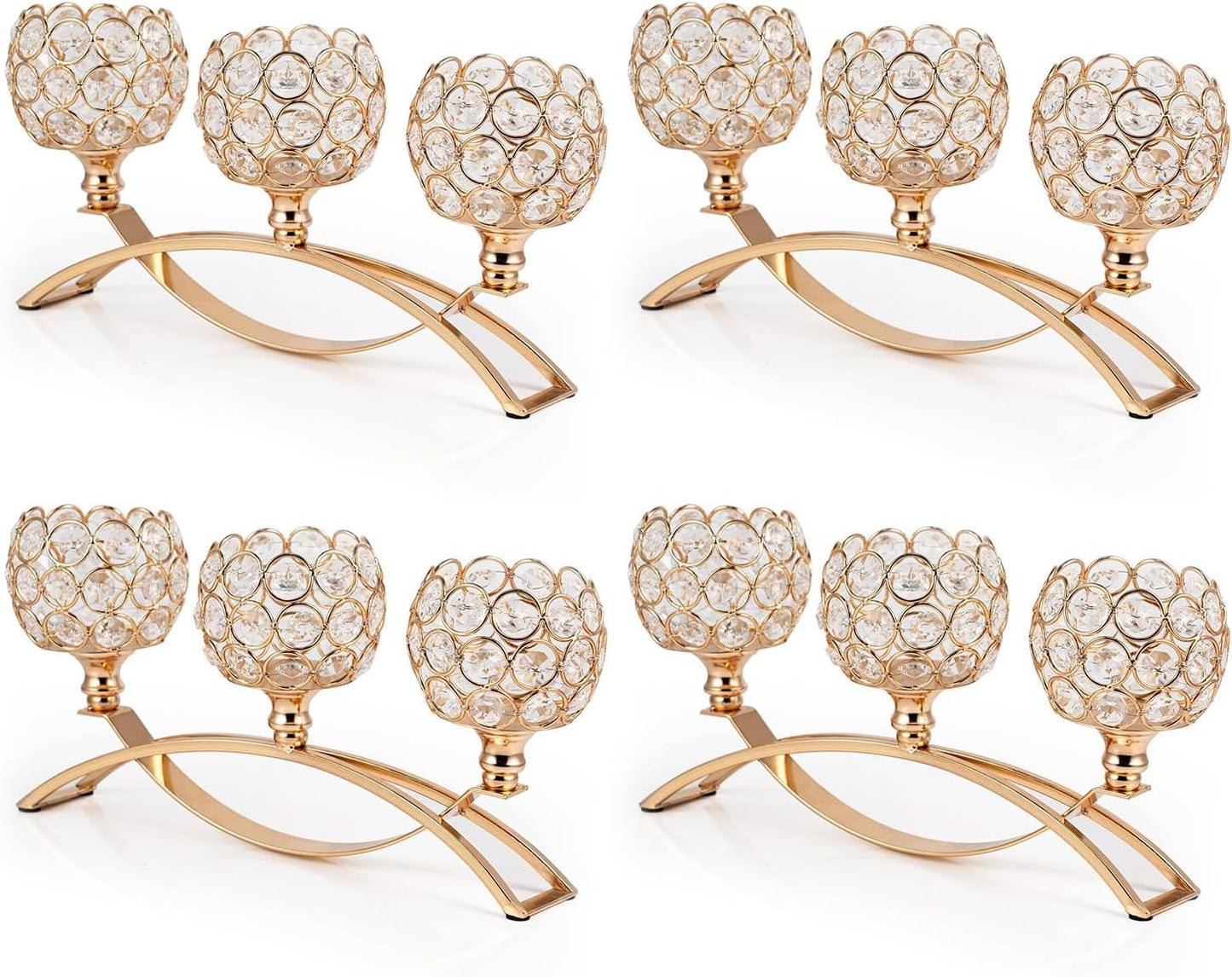 4Set Gold Crystal Candle Holders Decorative Candelabra for Wedding Centerpiece,Metal 3 Arms Candlesticks Holder Stand for Dining Table Living Room Home Decor, Party, Anniversary,Halloween,Christmas