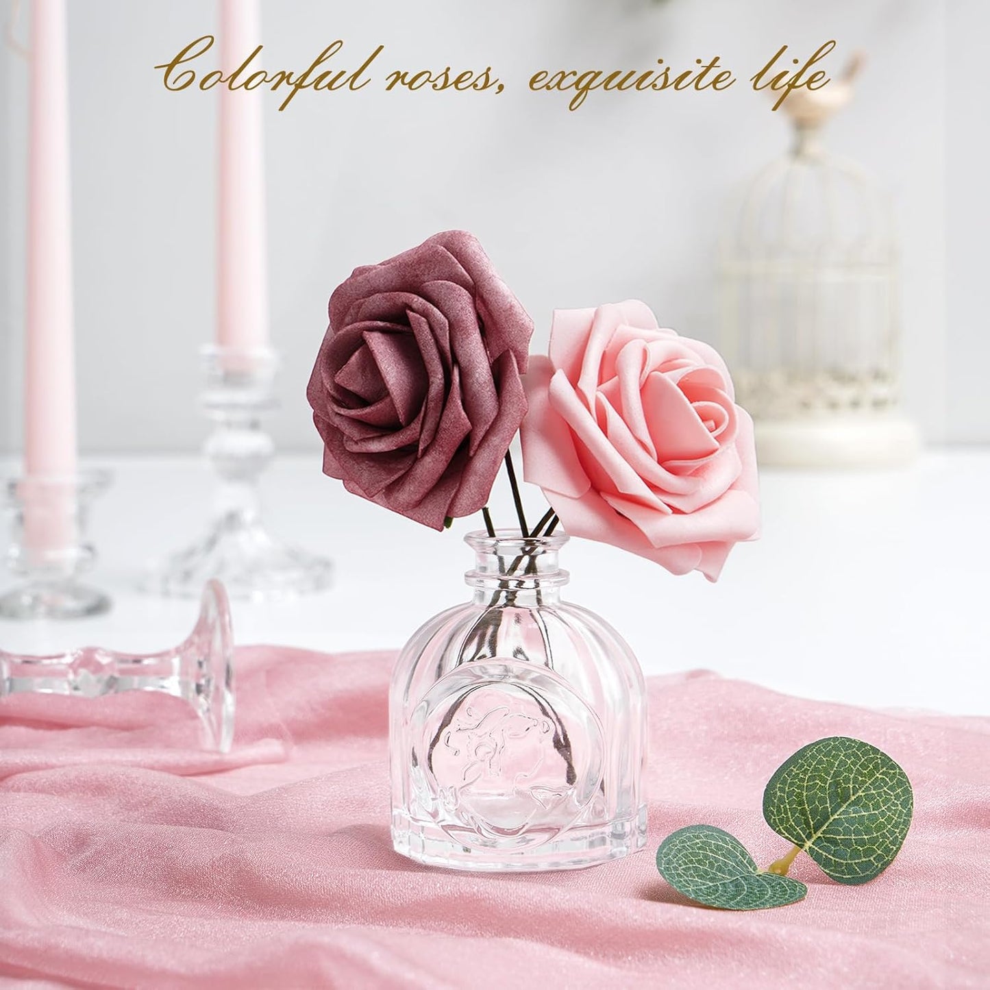 BLEUM CADE 16Pcs Artificial Flowers Fake Roses with Stems, Gradient Dusty Rose Boxed Foam Roses for DIY Bouquets Centerpieces Wedding Party Arrangement Bridal Shower Decor