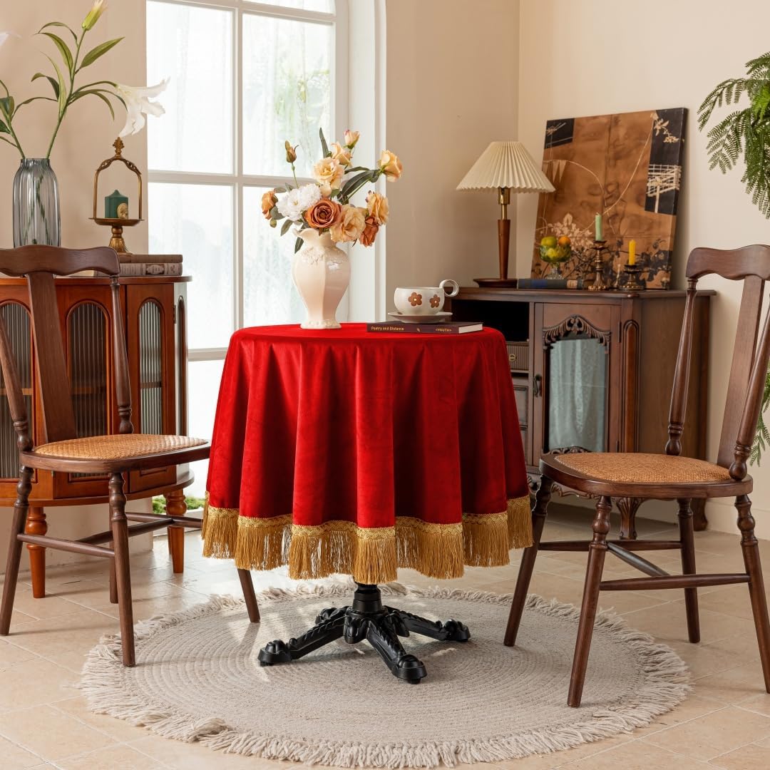 F-CHU Red Tablecloth Thickset Velvet Tablecloth with Beautiful Gold Tassels Vintage Table Cloth for Home Decor Wedding, Party, Banquet and Events 60" Round