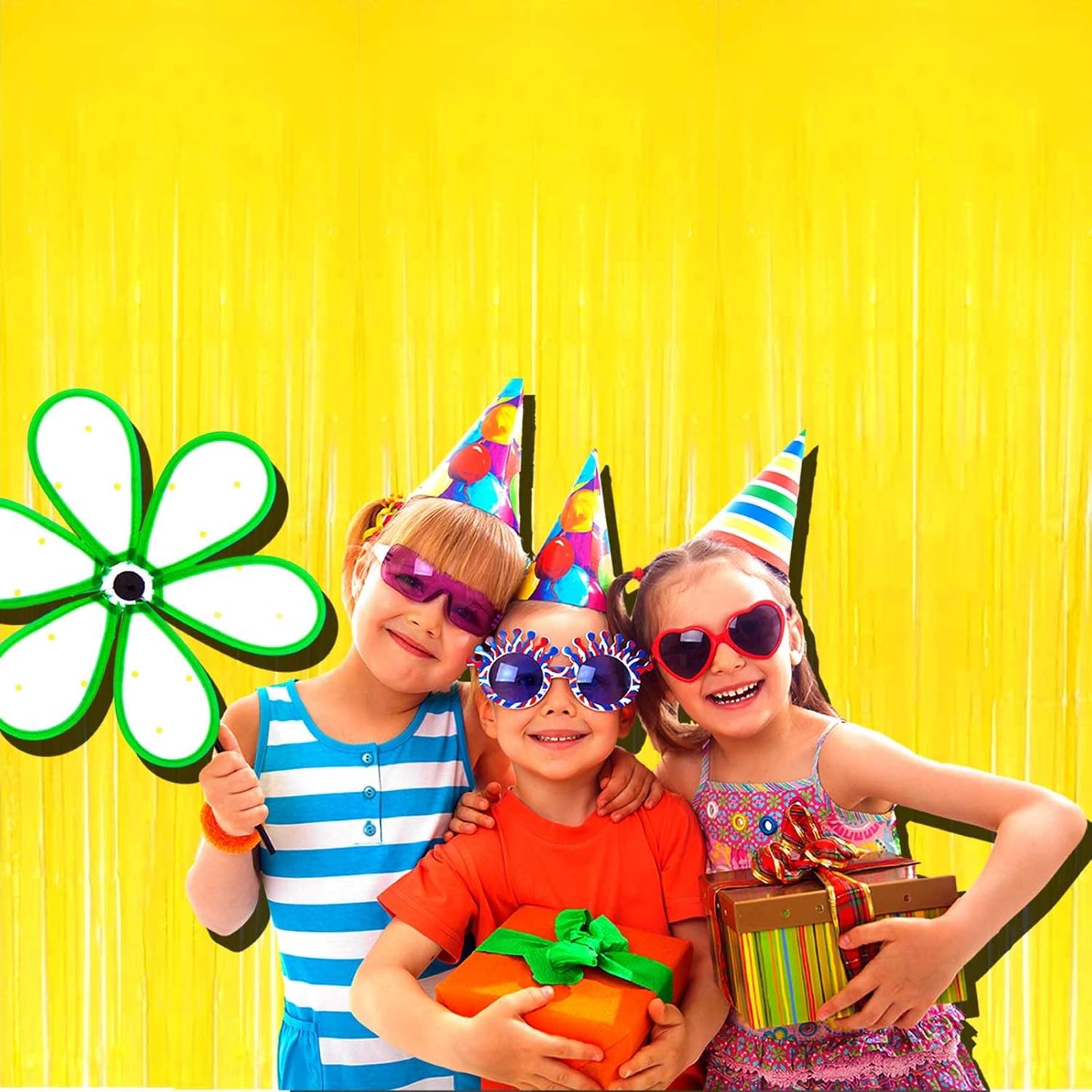 4 Pack Macaron Yellow Foil Fringe Curtain Backdrop, 3.28Ft x 8.2Ft Metallic Tinsel Foil Fringe Streamer Curtains for Photo Booth, Birthday, Wedding, New Year’s, Christmas Decoration Party Supplies