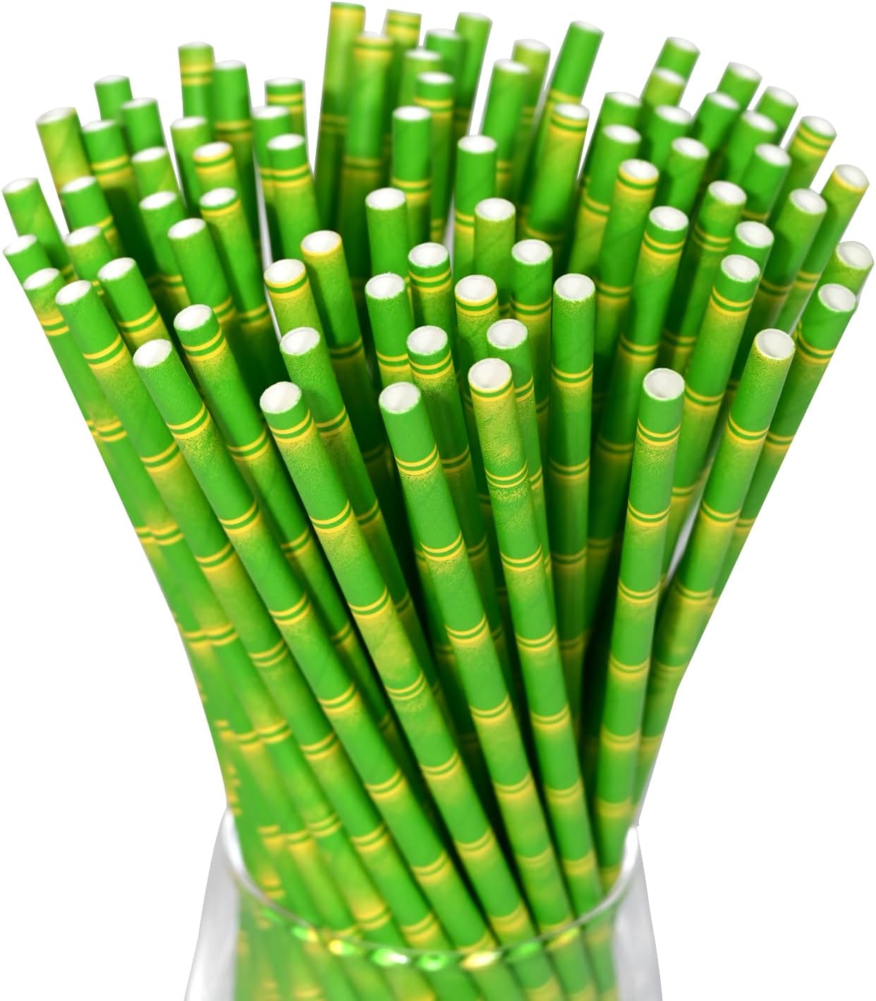 GLUJASBIO 7.75" Green Disposable Paper Straws - Biodegradable Drinking Straws for Party Suppliers, Cocktails, Juices, Drink, 100 Pack, Bamboo Pattern