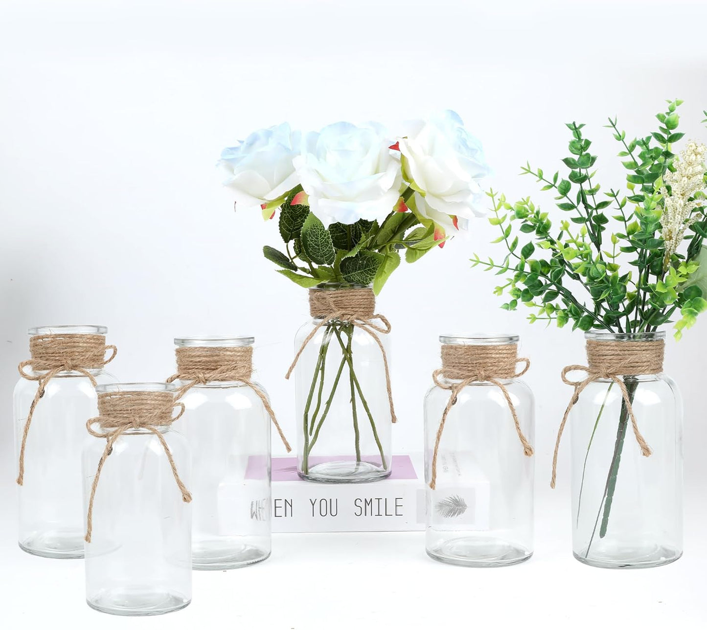 Vintage Glass Flower Vase，6 Pack FarmhouseTransparent White Glass Centerpiece Vases Mason Jars for Weddings, Parties & Home Decor Bulk (6, Transparent)