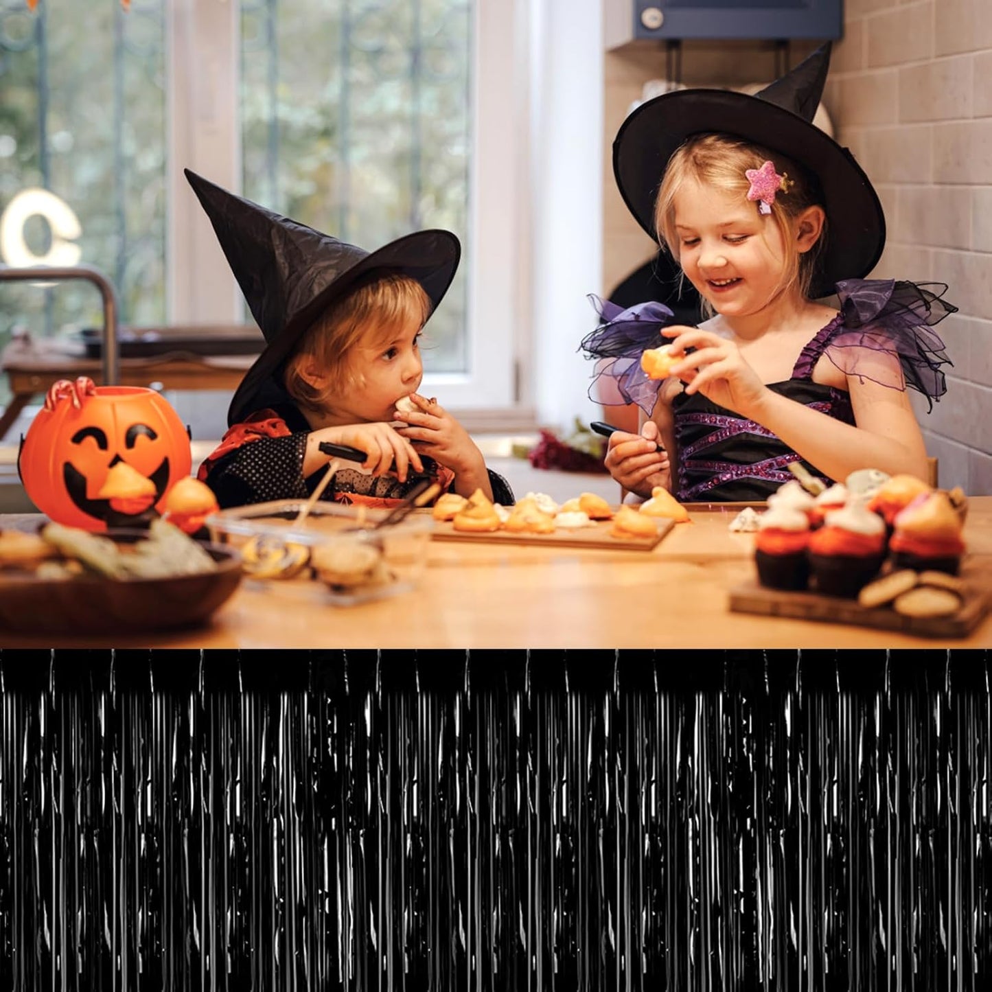 3 Pack 29 x108 Inch Black Foil Fringe Table Skirts Metallic Banner for Tinsel Streamer Garland Backdrop for Parade Floats Wedding Thanksgiving Birthday Christmas Halloween New Year Party Decoration