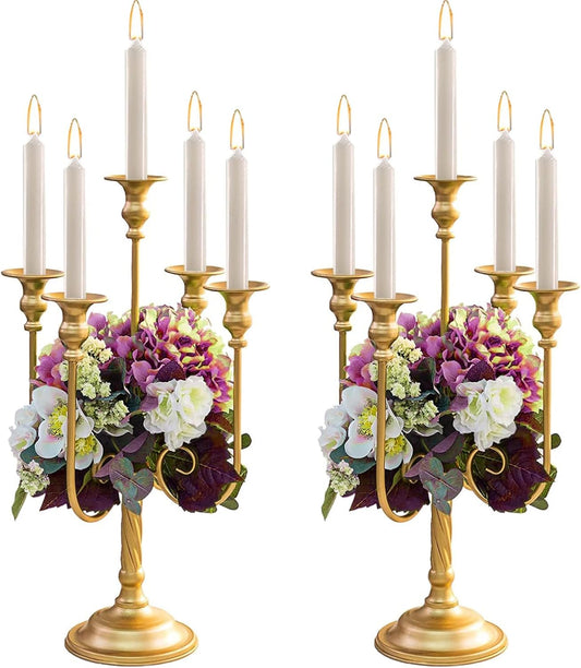 Metal Candelabra Gold Candle Stand 20in Tall, 5-Candle Candlestick Holder for Taper Candles, Candle Holder for Wedding Centerpiece Christmas Valentine Holiday Party Event Reception Decor, 2Pcs