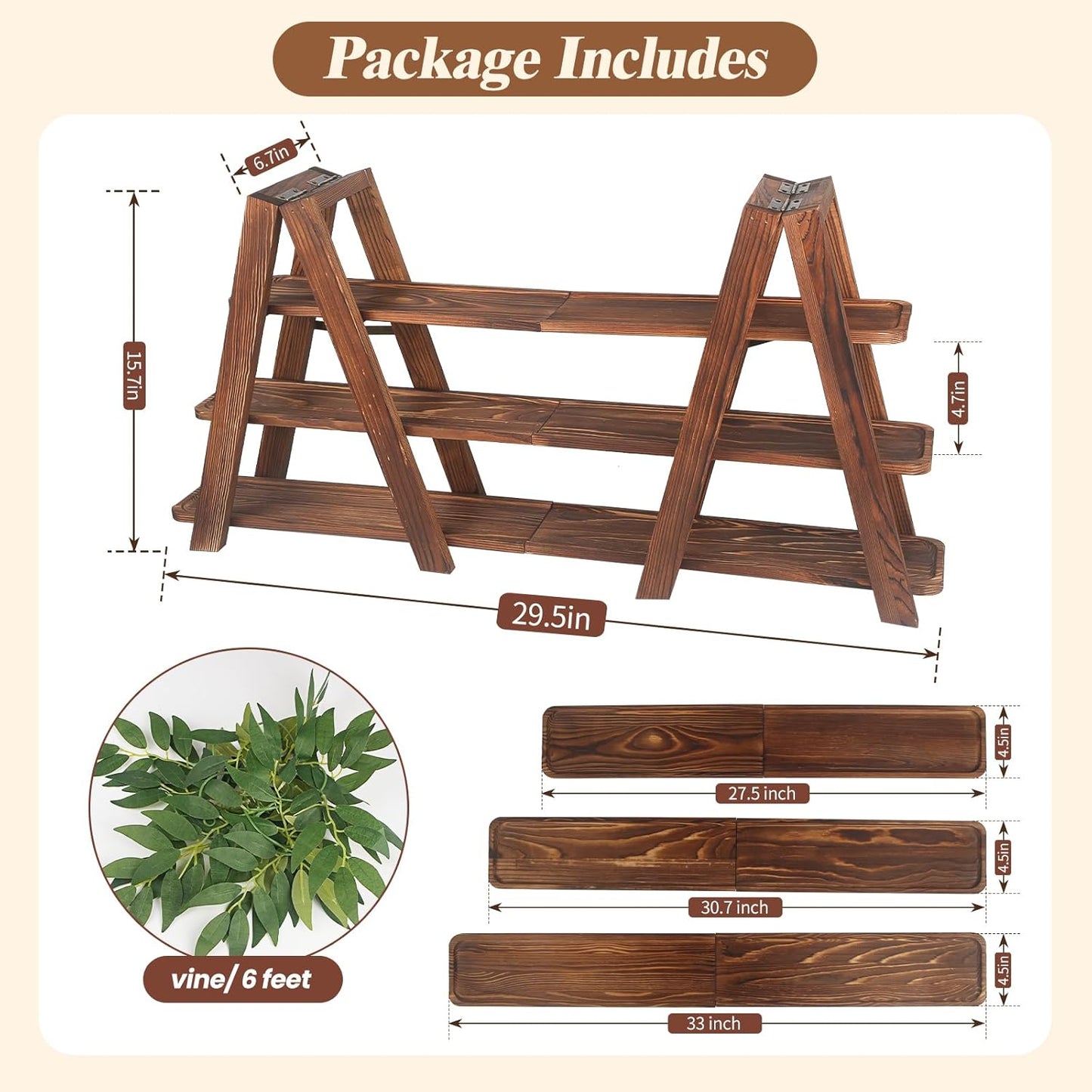 Wooden 3-Tier Cupcake Stand with Removable Trays & Vine Decoration – Foldable Party Display Serving Ladder with Platter for Cake, Snacks, Fruits, Chips, Bread