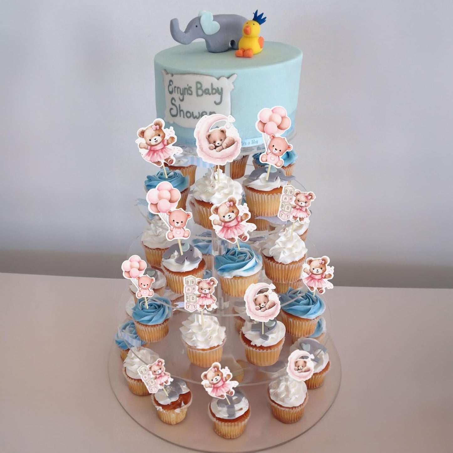 Gyufise 32Pcs Baby Shower Bear Cupcake Toppers Moon Baby Bear Baby Shower Cake Topper Decorations Jungle Animal Theme Birthday Party Cake Supplies Pink