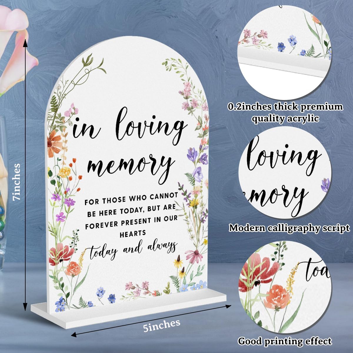 Acrylic Wedding Signs, In Loving Memory Signs for Marriage Reception, Bridal Shower Decorations, Modern Arched Round Top Acrylic Table Top Sign with Holder for Wedding Party (White Wildflowers)