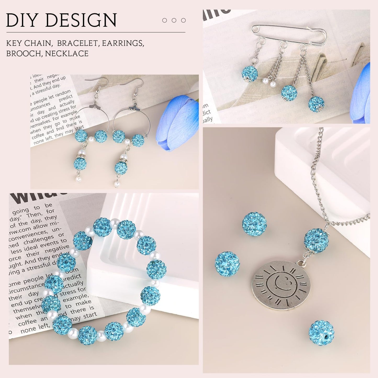 200pcs 10mm Aquamarine Rhinestone Beads for Jewelry Making, Shiny Round Shamballa Disco Ball Beads Bulk, Sparkle Crystal Clay Christmas for Bracelet Baseball Necklace Earring Crafting and DIY