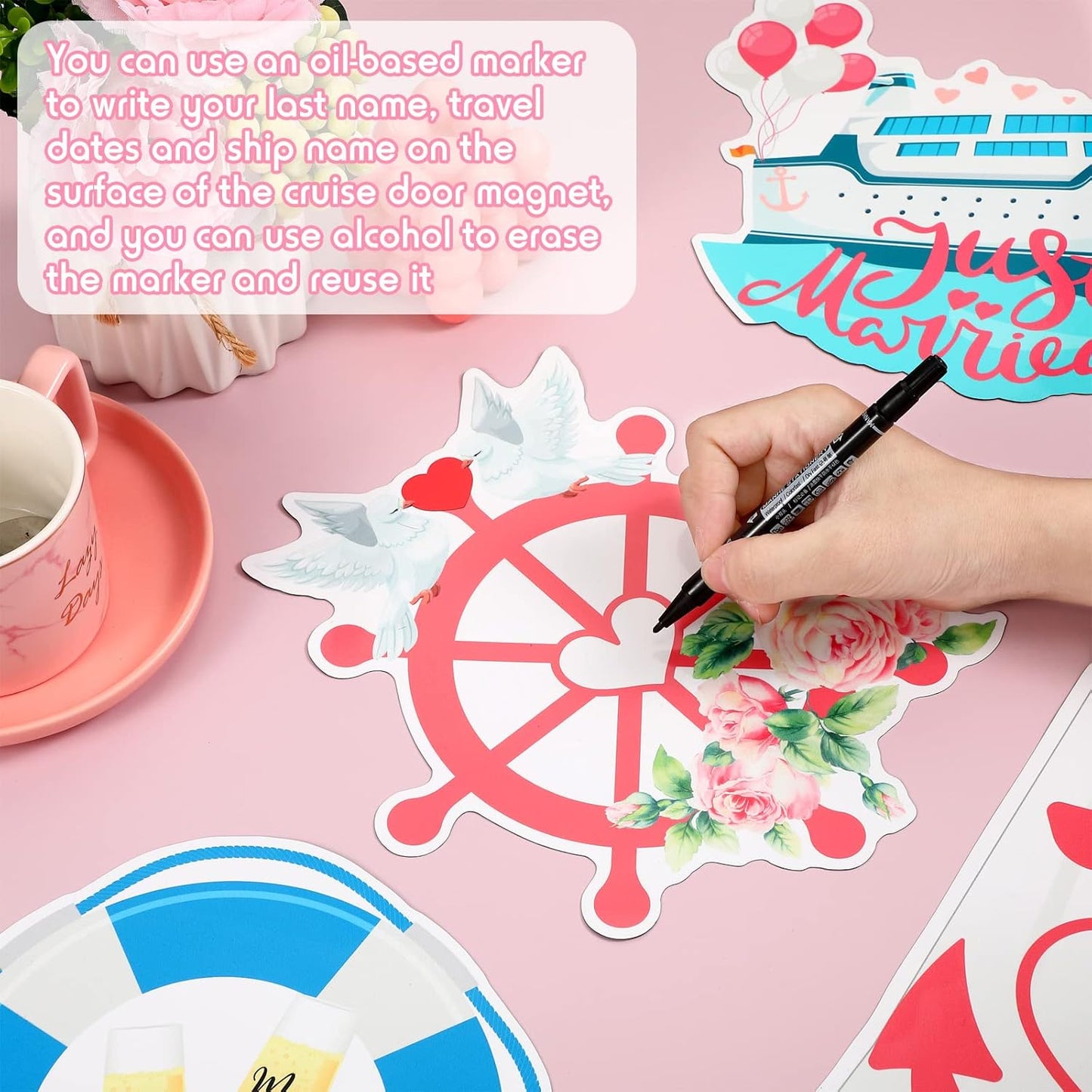 Xuhal 4 Pcs Just Married Cruise Door Decorations Wedding Honeymoon Cruise Door Magnets Just Married Car Decoration Anchor Life Preserver Magnet Carnival Car Locker Refrigerator