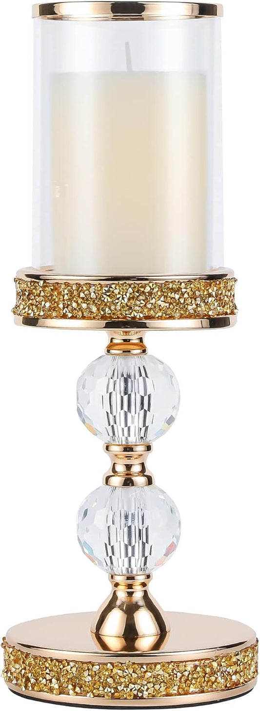 Pillar Candle Holder, 13 Inch Crystal Candlesticks for 3''X5'' Candles, Dining Coffee Table Decor, Wedding, Events, Parties - Glass and Gold Finish