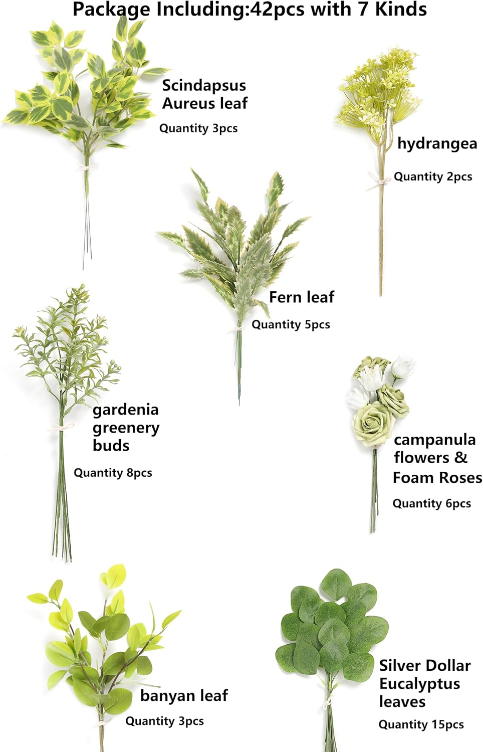 Serra Flora Artificial Greenery Stems Box Set,(Pack of 42pcs) with 7 Kinds of Faux Pink Green Filler for DIY Bridal Bouquets Wedding Floral Arrangement Table Centerpieces