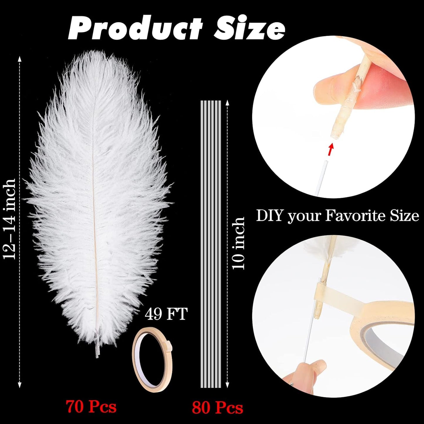 Hanaive 150 Pcs Ostrich Feathers Set Bulk Plumes 12-14 Inch (30-35cm) 70 Pcs Large Ostrich Feathers with 80 Sticks and Tape for DIY Crafts Wedding Home Party Centerpiece Decorations(White)