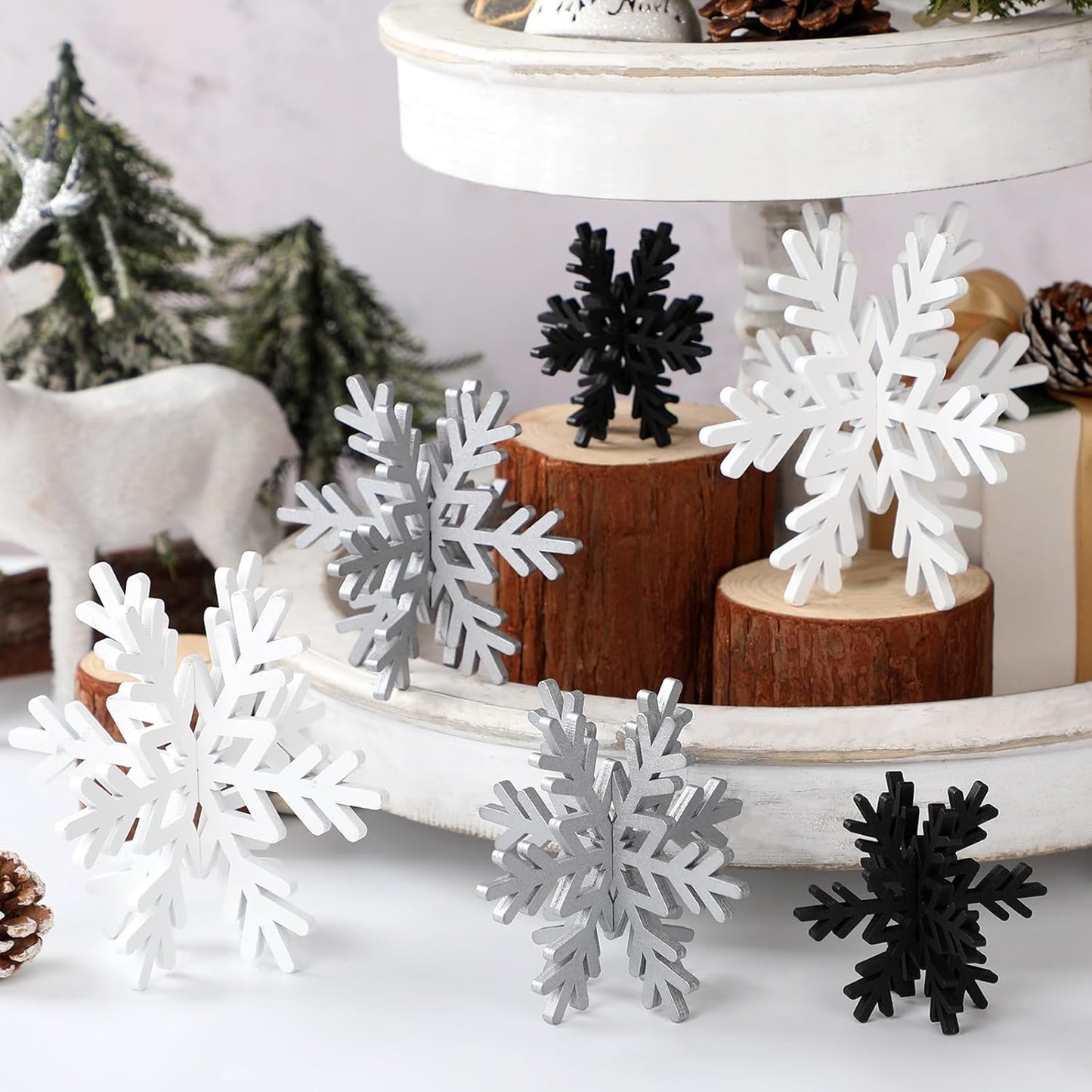 Bucherry 12 Pcs Wooden Snowflake Table Decor 3D Snowflake Tabletop Signs and Centerpiece for Christmas Xmas Winter Wonderland Decorations Home Party(White, Gray, Black)