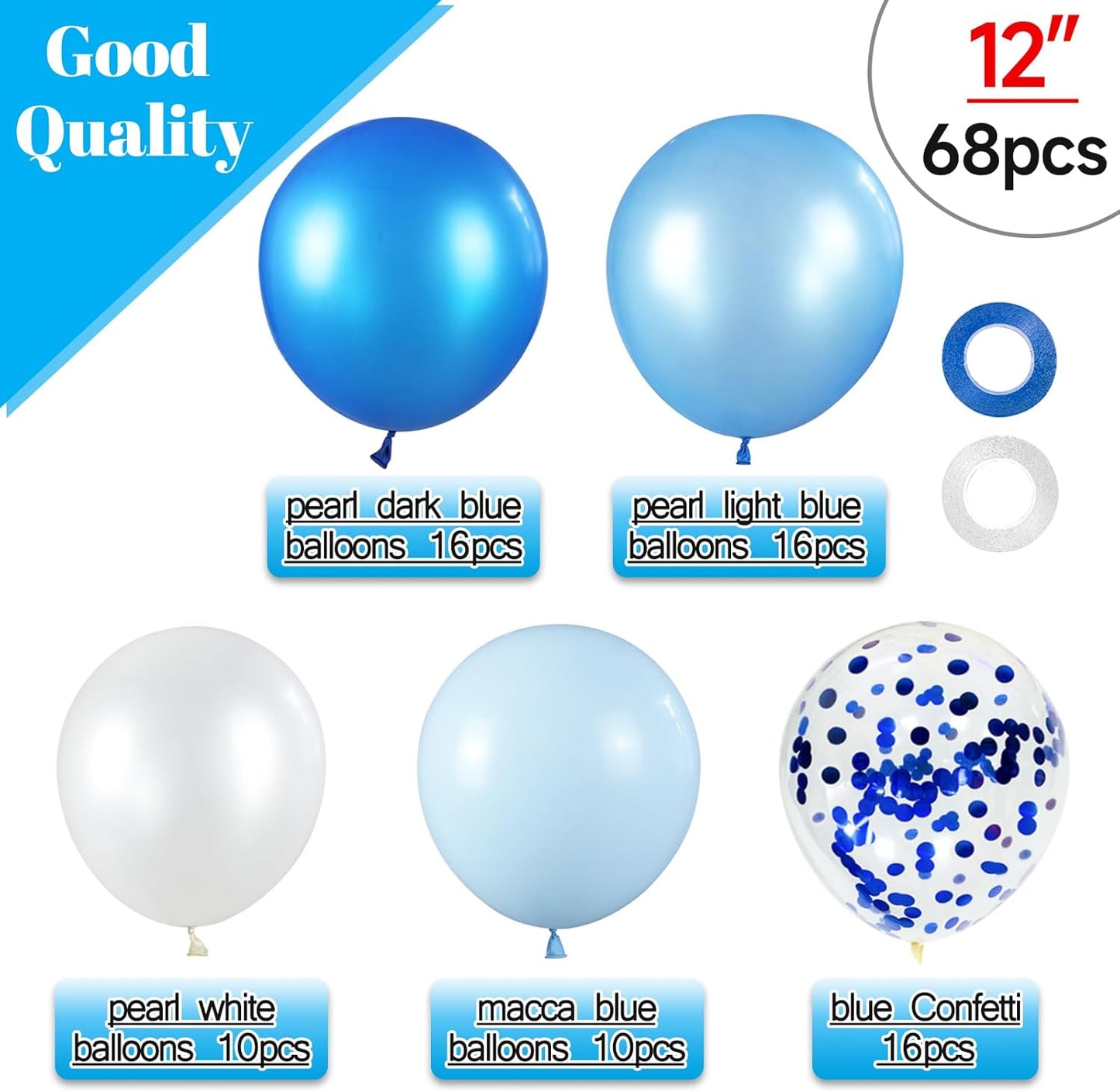 68Pcs Blue and White Balloons Kit 12 Inch, Blue Confetti Balloons Light Blue Baby Blue Pearl White Party Balloons with Ribbons for Birthday, Wedding, Baby Shower, Graduation Decorations