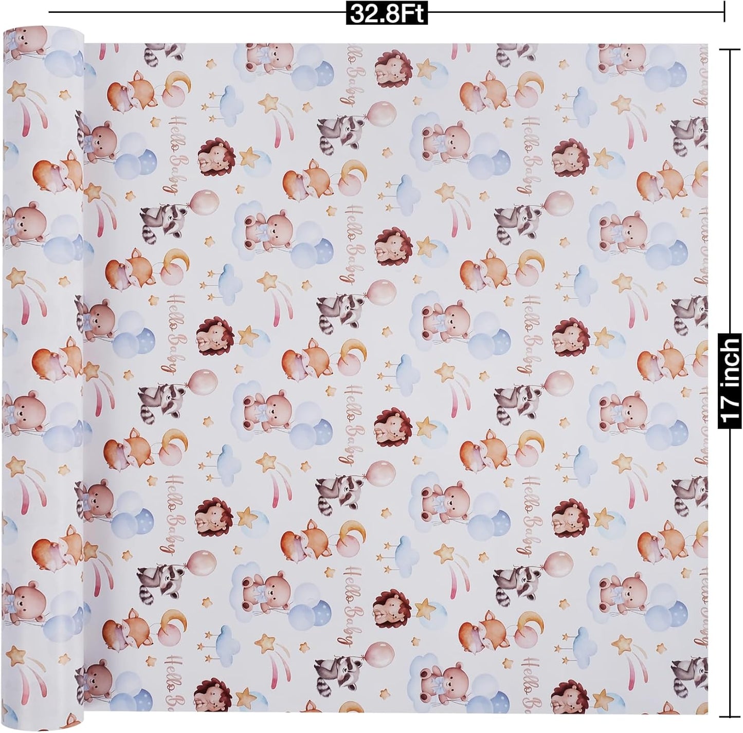 Aimyoo Baby Shower Wrapping Paper Roll - 17 Inch x 32.8 Feet - Cute Animal with Hello Baby Letter Design Perfect for Boys Girls, Birthday, Party