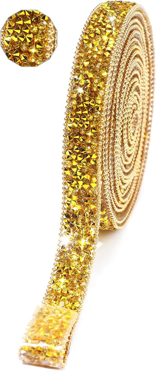 Rhinestone Ribbon 3 Yards Self Adhesive Rhinestone Strips Diamond Ribbon Sticker Crystal Roll Glitter Bling Rhinestones Tape for Crafting DIY Art Decoration (Gold,0.6 Inch)