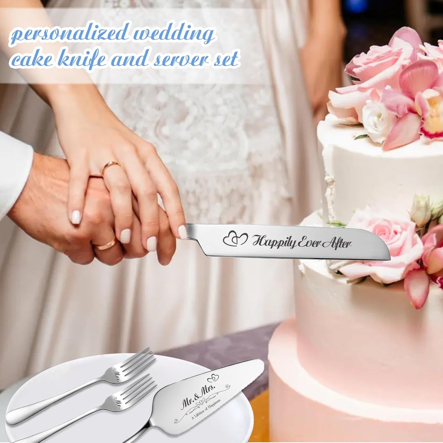 Personalized Wedding Cake Knife and Server Set, Engraved Cake Cutting Set with Stainless Steel Forks, Bridal Anniversary Birthday Wedding Registry Gifts(Non-customized)