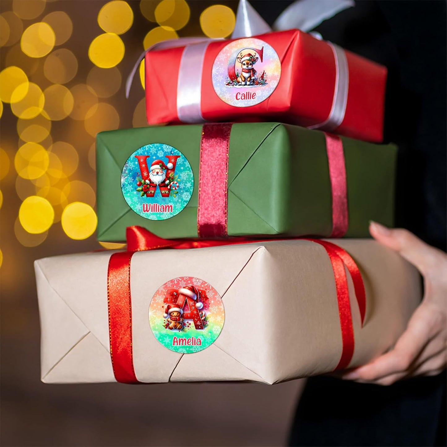 callie Personalized Christmas Stickers - Custom Name & Initial, 1.97 Inch Cute Elk Santa Penguin Design Merry Christmas Stickers Labels for Envelopes Seals Crafts Cards Gifts (30PCS)