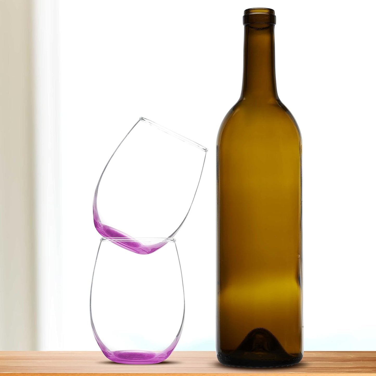 DISCOUNT PROMOS Stemless Wine Glass 9 oz. Set of 10, Bulk Pack - Great for Wedding Favors, Bachelorette Party and More - Pink Bottom Color