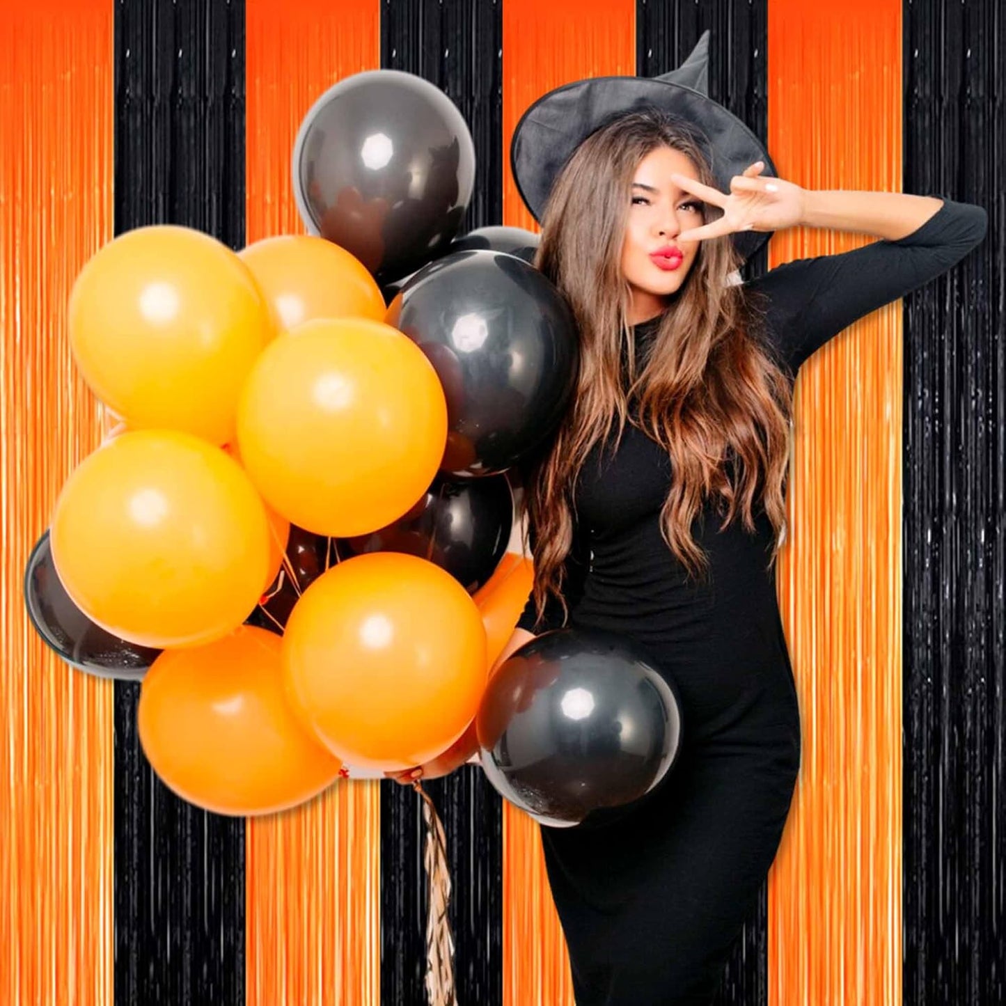 3 Pack Black Orange Foil Fringe Curtains Backdrop, 3.28 x 9.8 Ft Metallic Streamers Tinsel Curtains Background for Photo Booth, Birthday, Halloween, Christmas, Thanksgiving, New Year Party Decorations