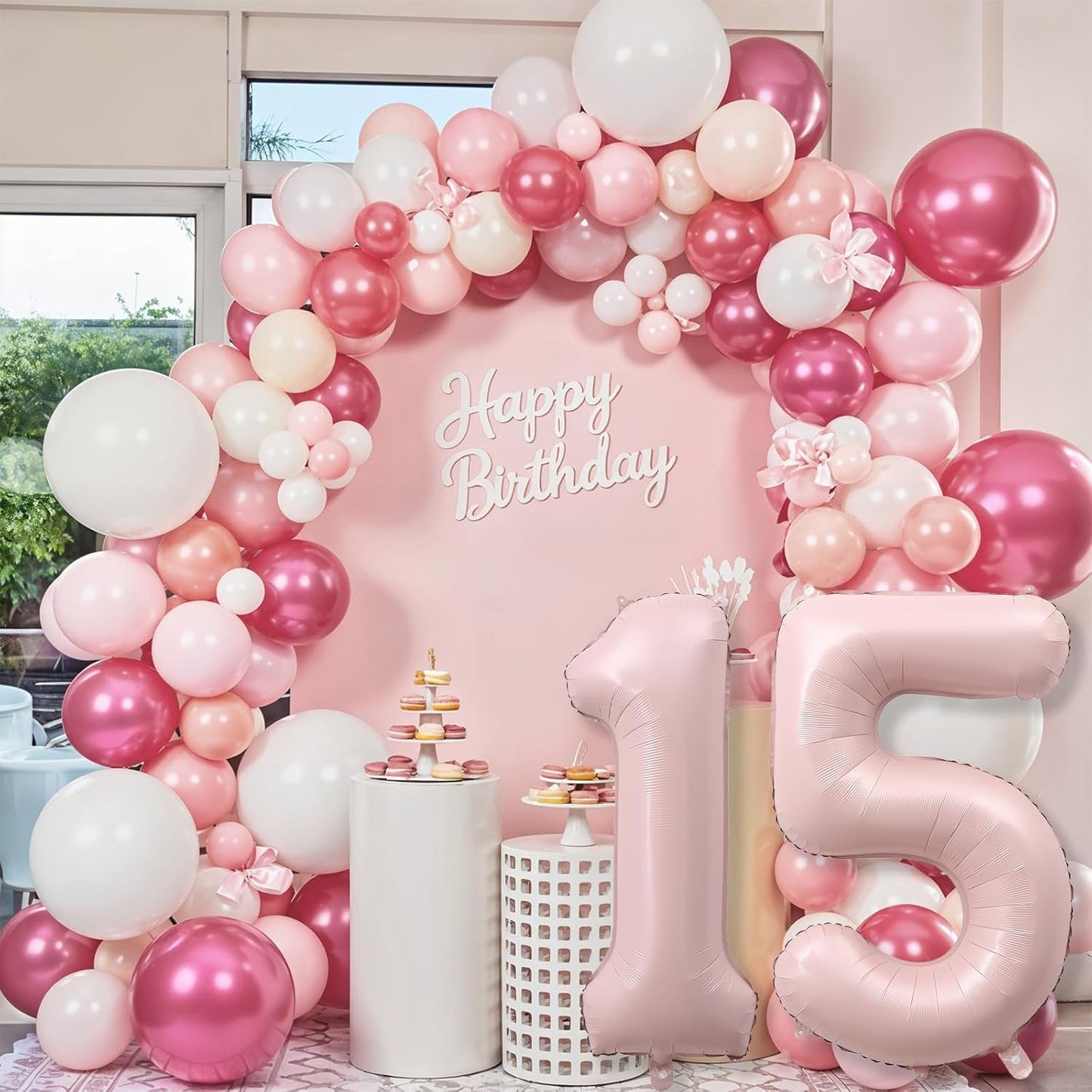 Light Pink Sweet 15th Birthday Balloon for Girls, 40 Inch Self Inflating Mylar Number 15 Balloons, Big Blush Pastel Pink Foil 1 & 5 Helium Balloon 15 for Coquette 15th Birthday Party Decorations