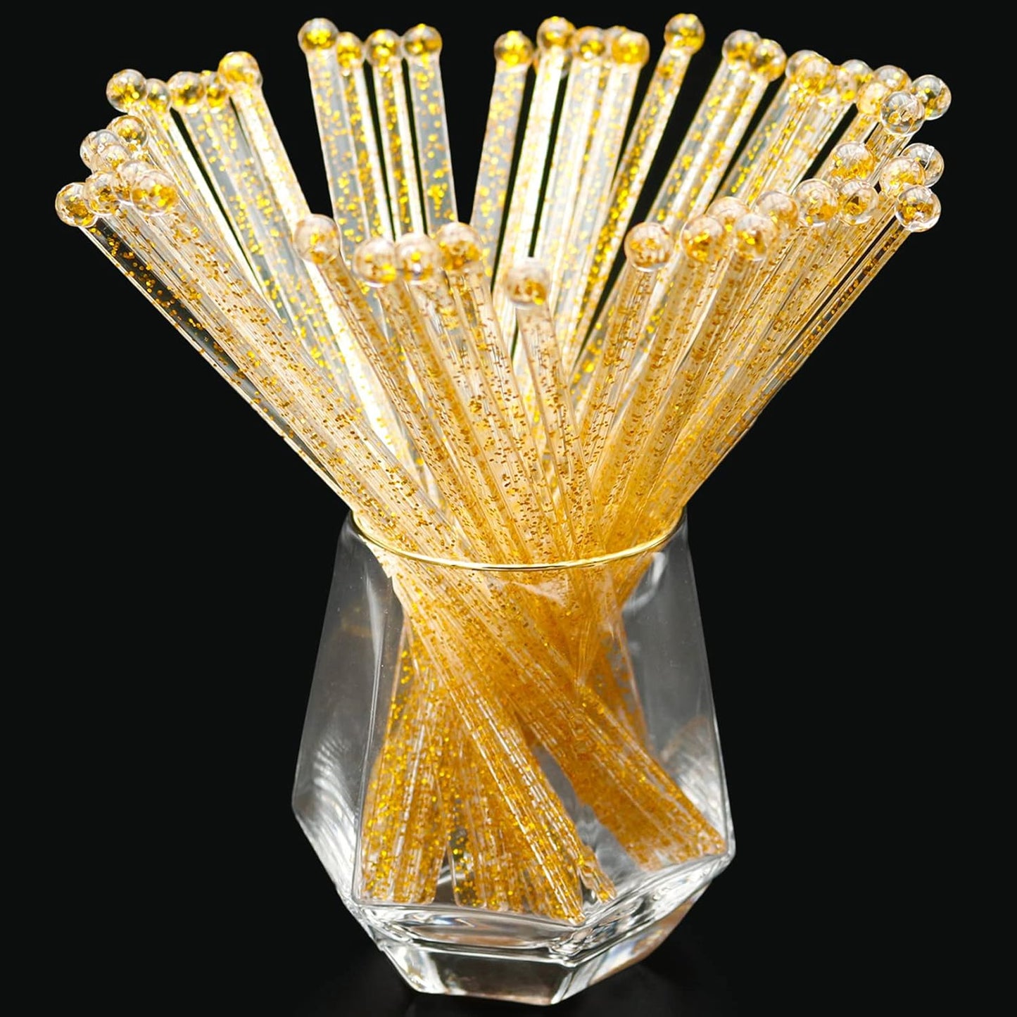 50-PCS Gold Glitter Plastic Swizzle Sticks, Crystal Cake Pops, Cocktail Coffee Drink Stirrers, Lolipop Stick for Christmas Party, 7.24 Inch