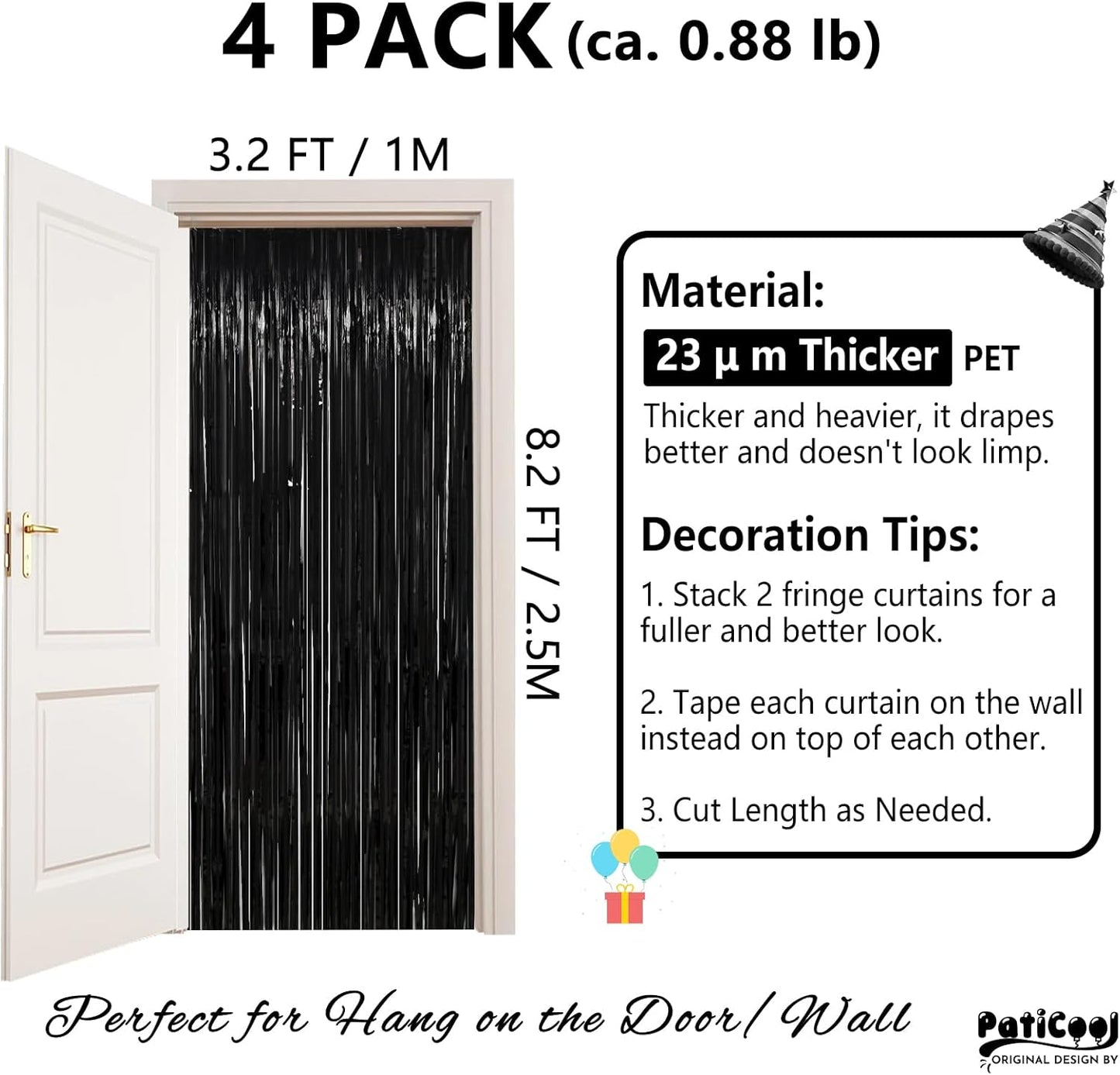 Black Streamers Party Decorations - Thicken 4 Pack 3.2 x 8.2 FT - Black Tinsel Foil Fringe Backdrop Curtains, Photo Booth Props for Birthday, Halloween, Retirement, Bachelor Party Decorations